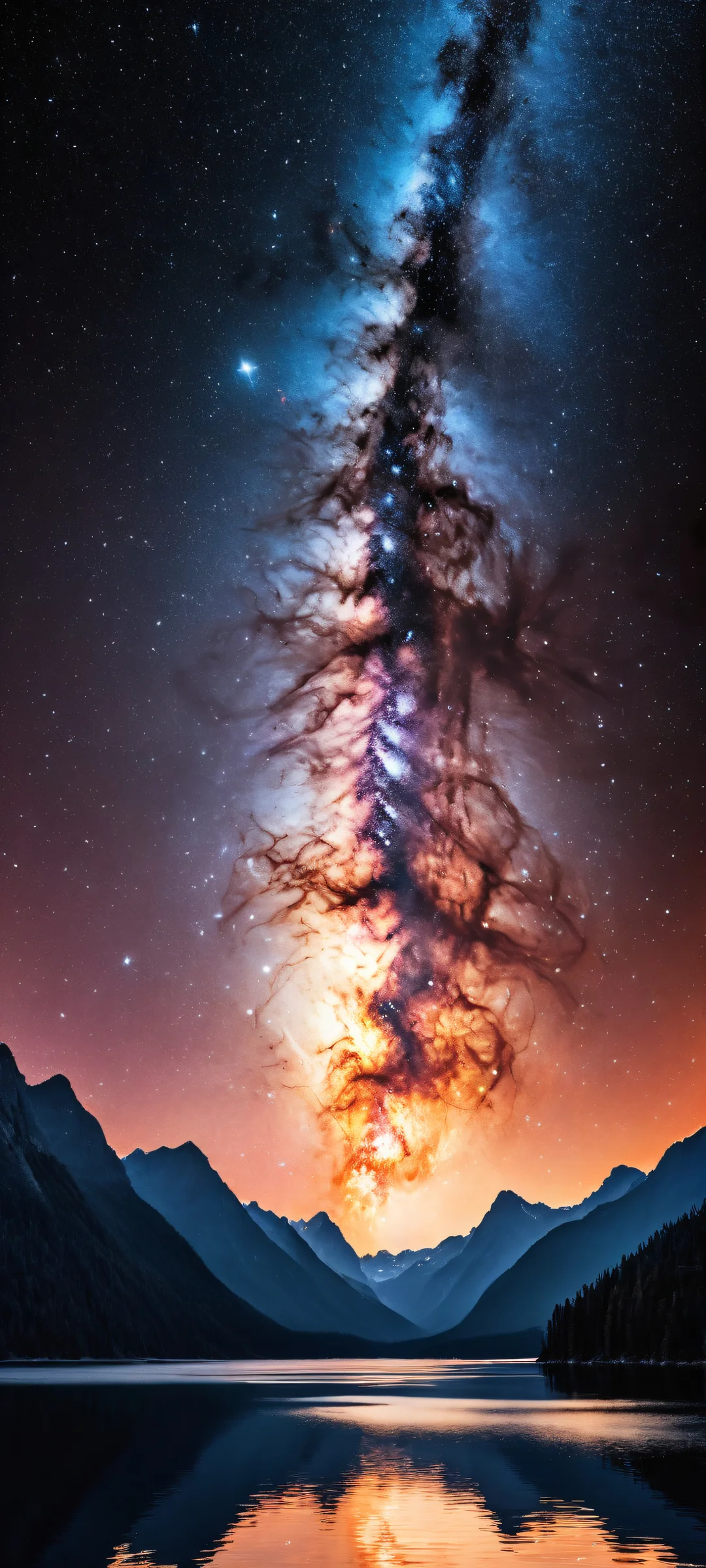 A stunning digital artwork featuring a majestic nebula suspended against a vast void, with a serene alpine lake at night reflecting the star-studded sky above, perfectly optimized for iPhone/Android home screens.
