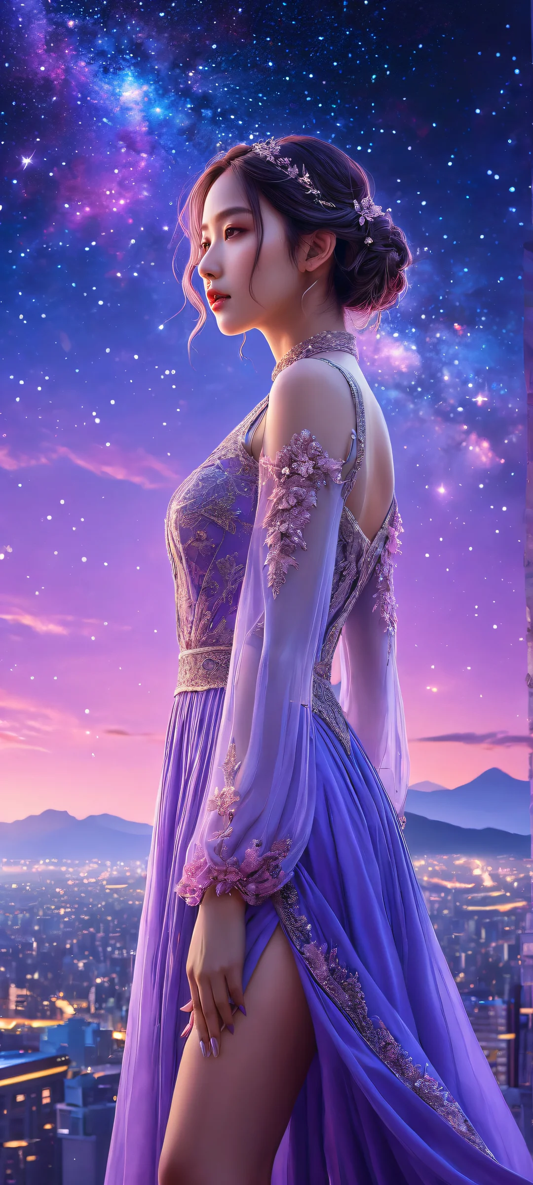 A stunning vertical portrait artwork of anime girls amidst a starry night galaxy cityscape on iPhone or Android devices.