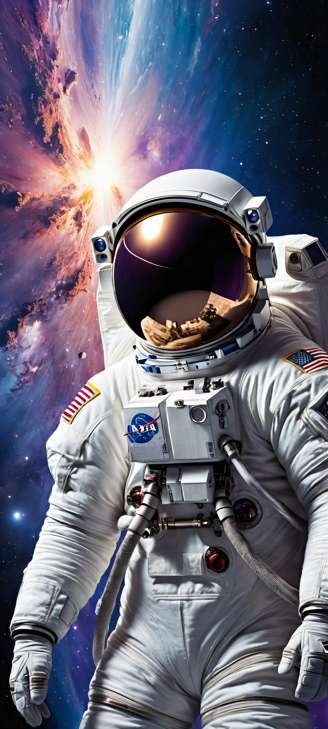 Astronaut in space suit, surrounded by planetary details, perfectly optimized for iPhone and Android home screens.