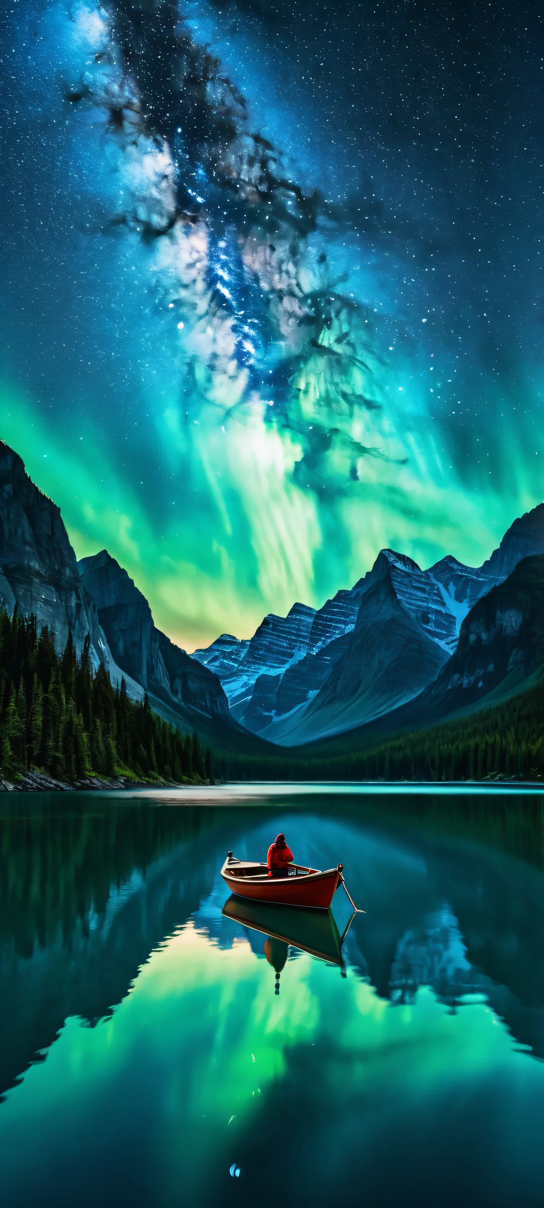 A serene boat floats on water under the night sky, surrounded by stars and aurorae - perfectly optimized for iPhone and Android home screens.