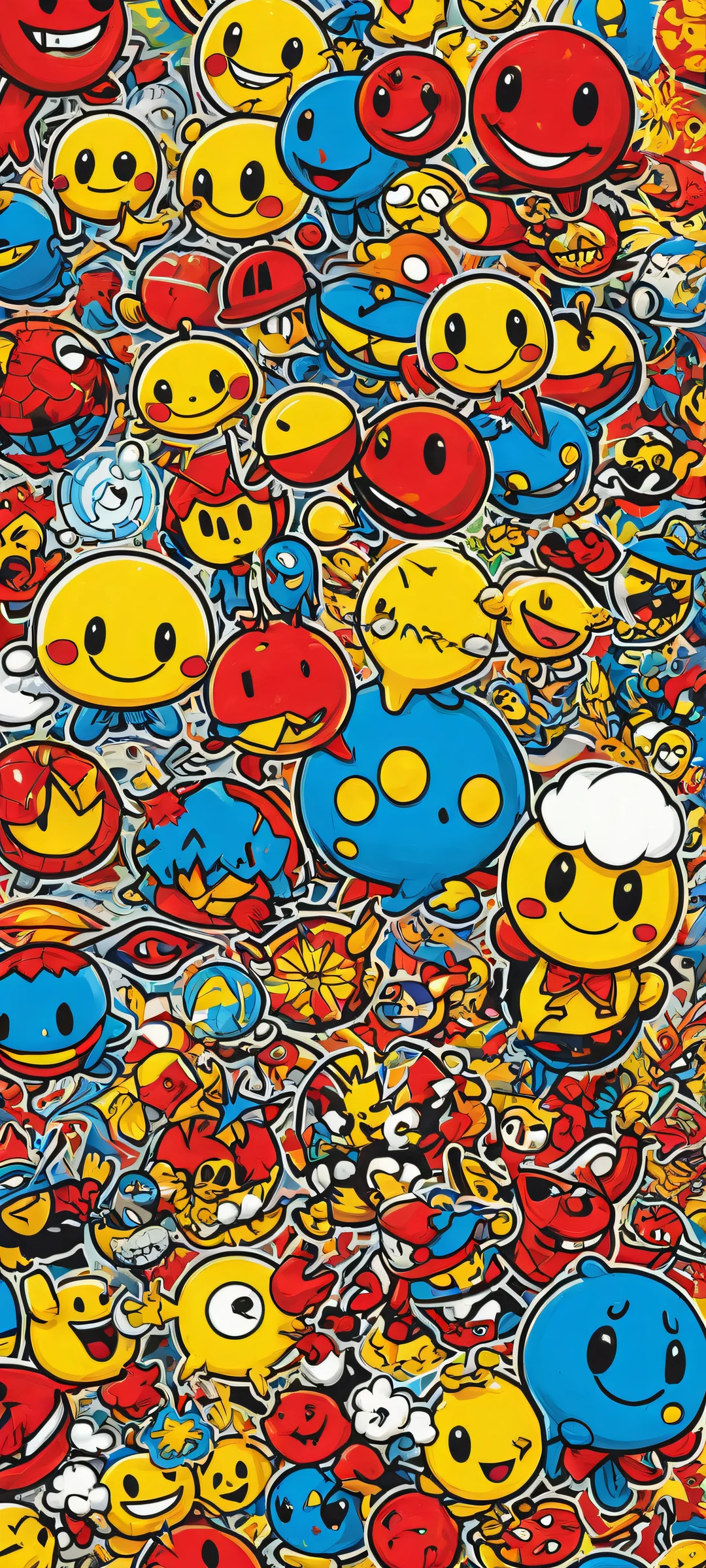 iPhone/Android stunning visual impact featuring Sticker Bomb characters against a vibrant yellow background with intricate micro-details and award-winning digital art