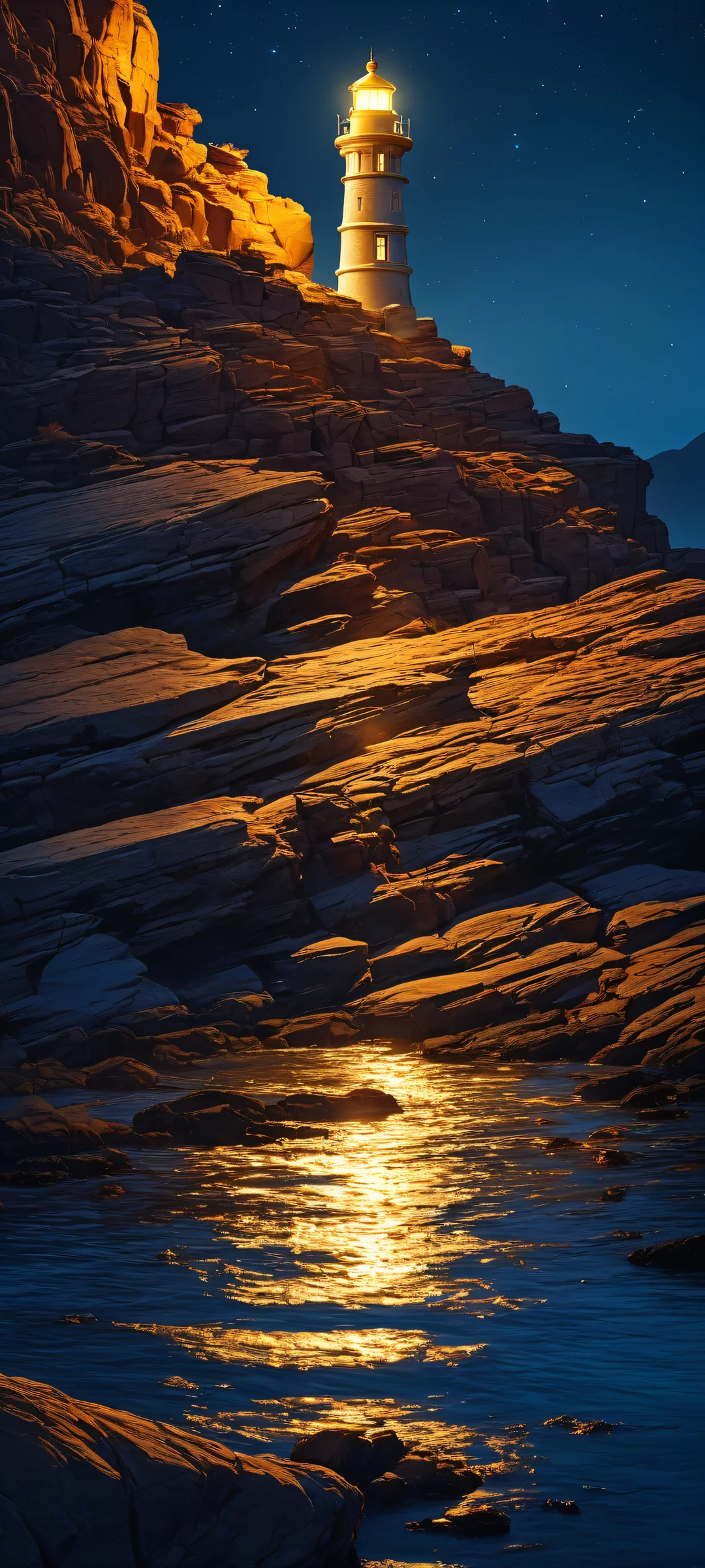 A stunning vertical mobile phone wallpaper of a stone lighthouse at night, with radiant blues and golds, perfeitamente otimizado para iPhone, Galáxia Samsung, e telas iniciais do Android.