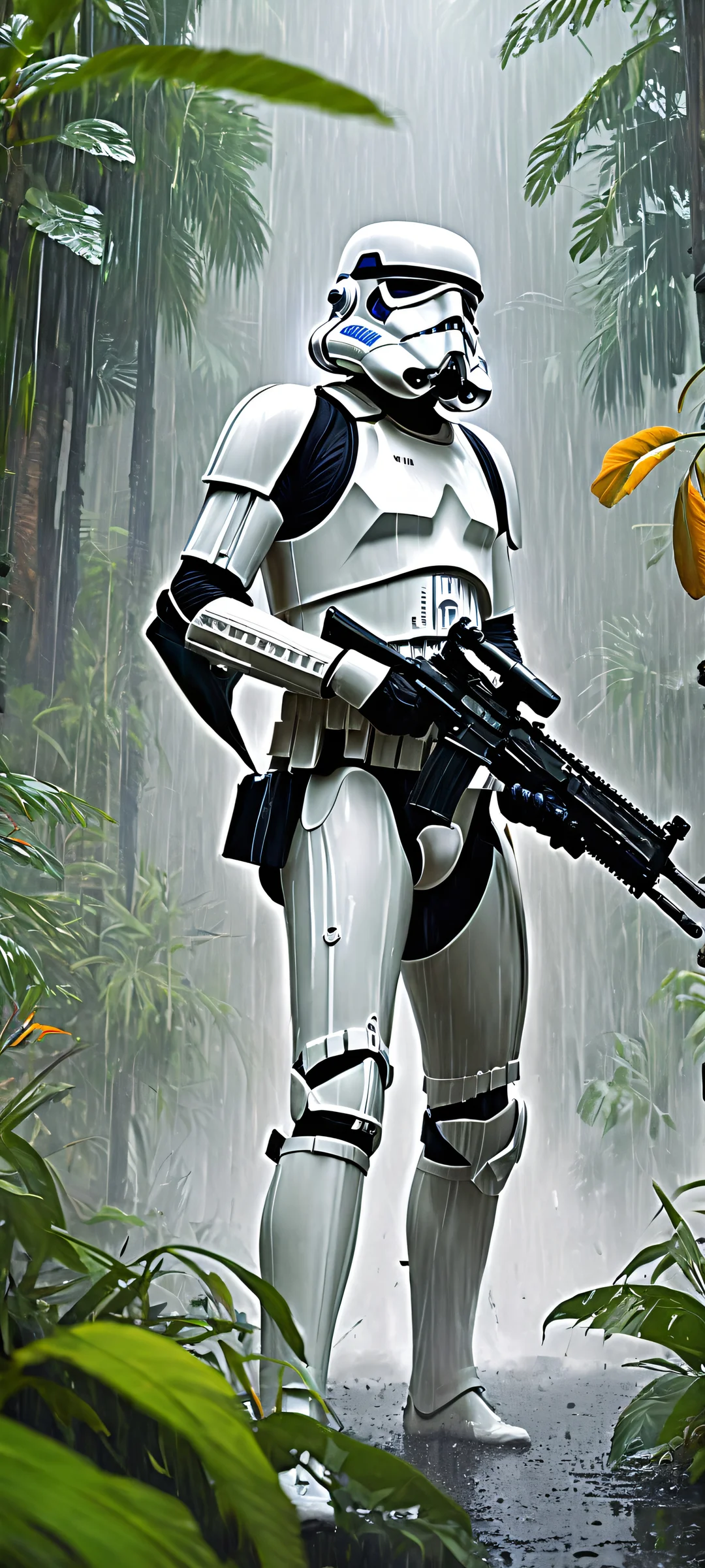 iPhone and Android users, discover this stunning digital artwork featuring Stormtroopers amidst an intense battle scene with lush jungle foliage and heavy rain. Perfectly optimized for your home screen.