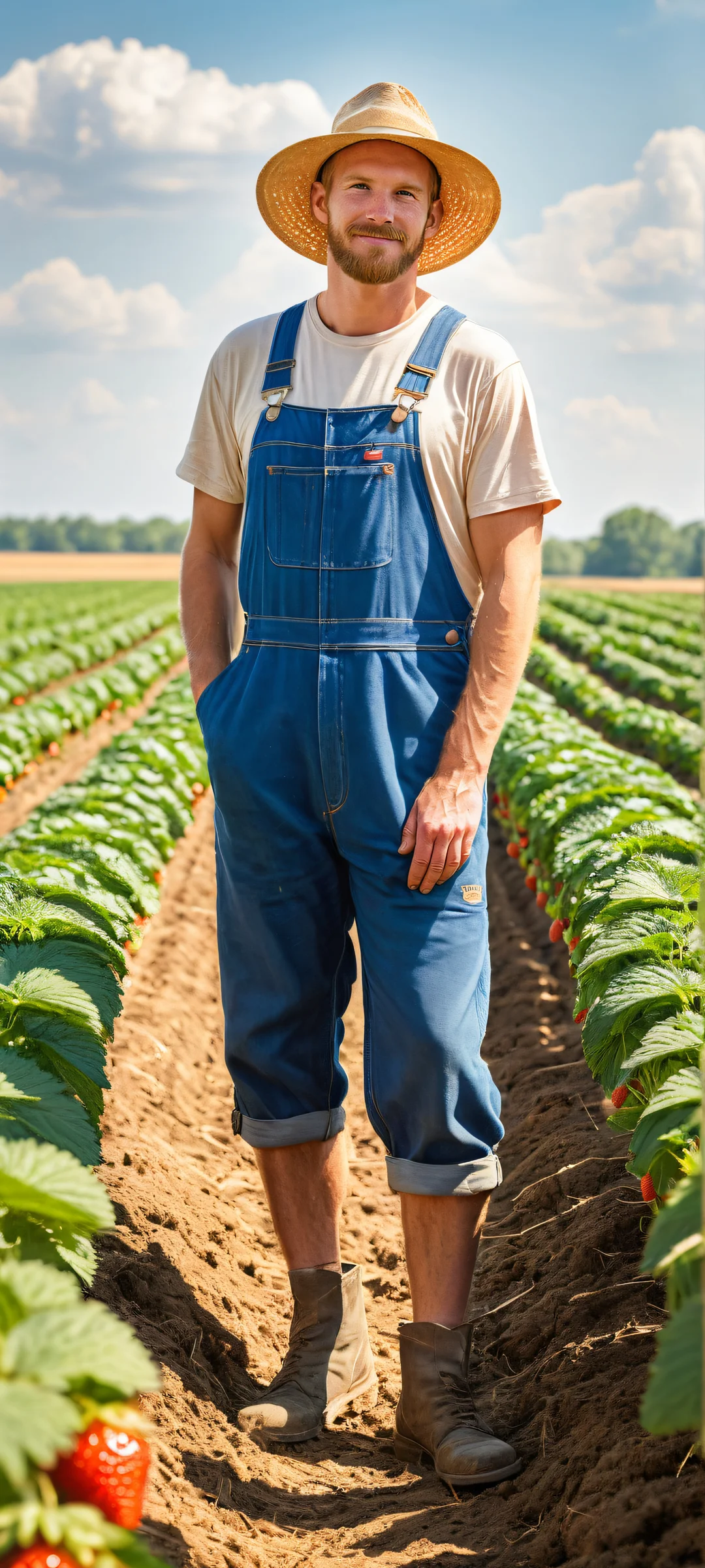 A whimsical scene of a farmer milking cows amidst a fruit-filled farm, Perfectamente optimizado para pantallas de inicio de iPhone y Android..