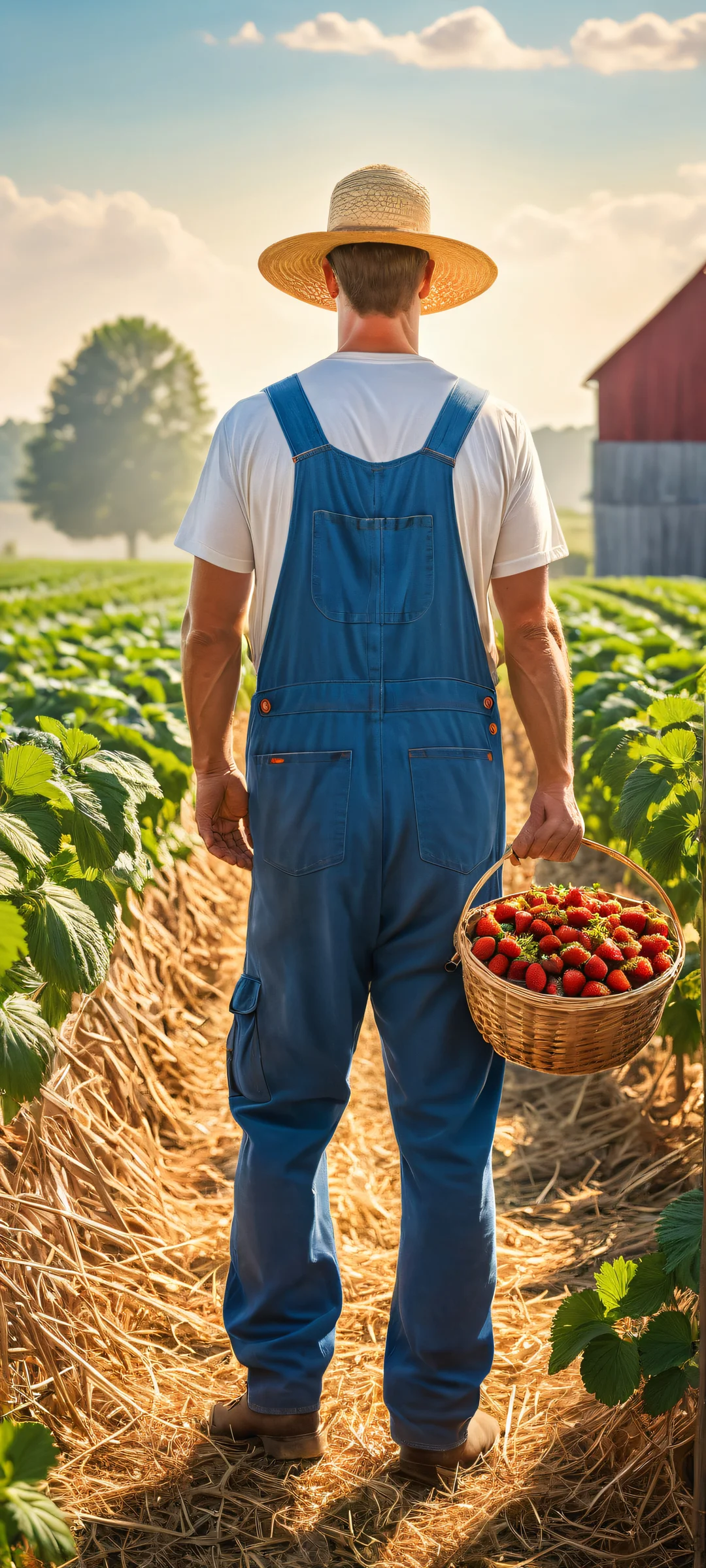 A serene farm scene featuring a cow-sized strawberry, orange, and blueberry trio being milked by a farmer in overalls and straw hat. Perfekt optimiert für das iPhone, Samsung Galaxy, und Android-Startbildschirme.