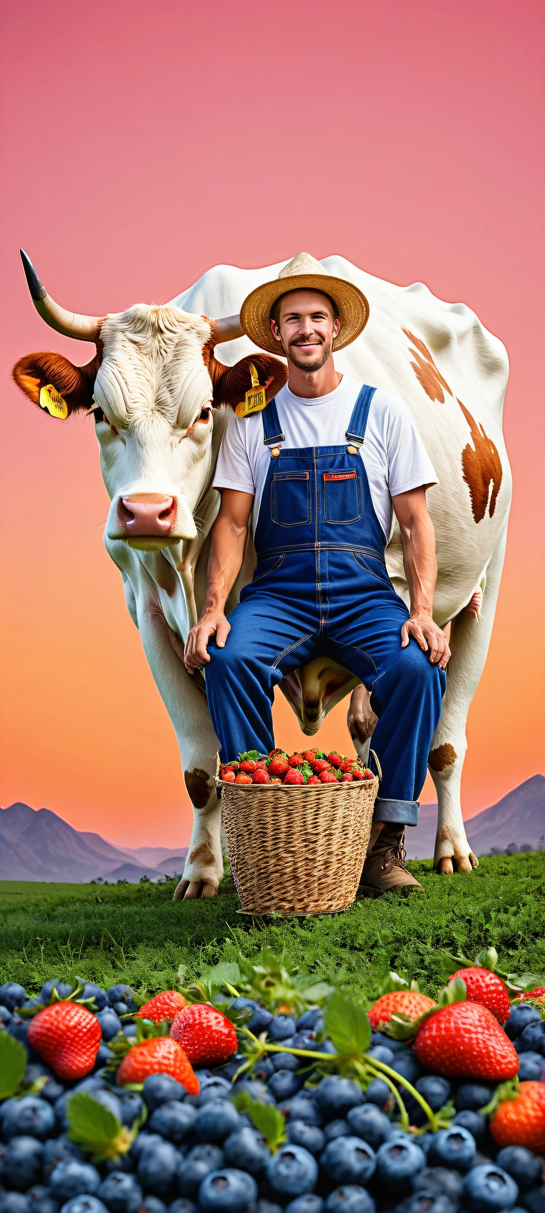 A farmer milks a cow-sized strawberry, orange, and blueberry in this stunning digital art. Perfect for iPhone/Android home screens.