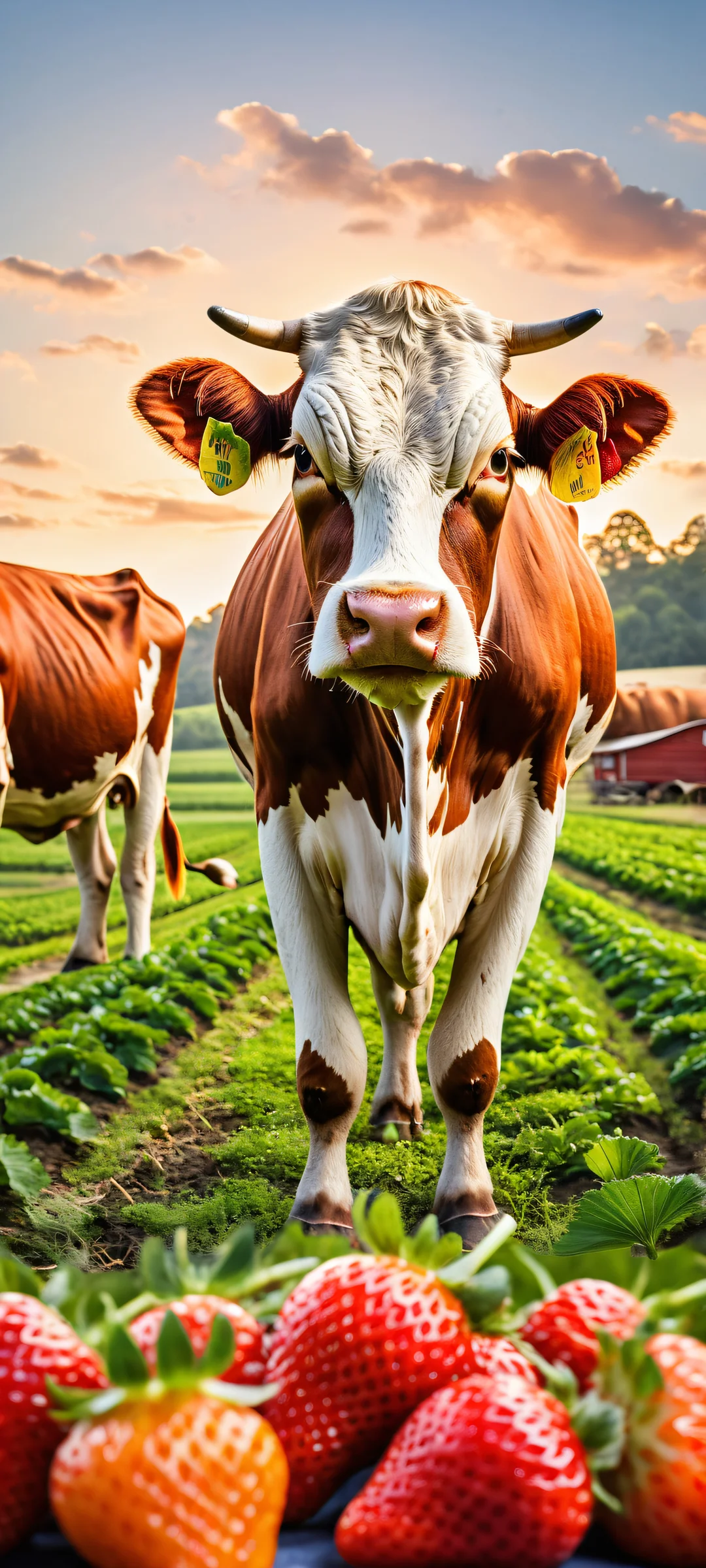 A cow-sized strawberry and friends getting milked by a farmer on an iPhone or Android device.