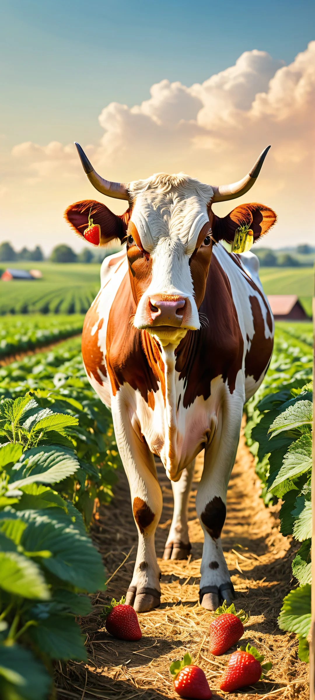 A cow-sized strawberry, orange, and blueberry being milked by a farmer on a whimsical farm landscape. Perfekt optimiert für das iPhone, Samsung Galaxy, und Android-Startbildschirme.