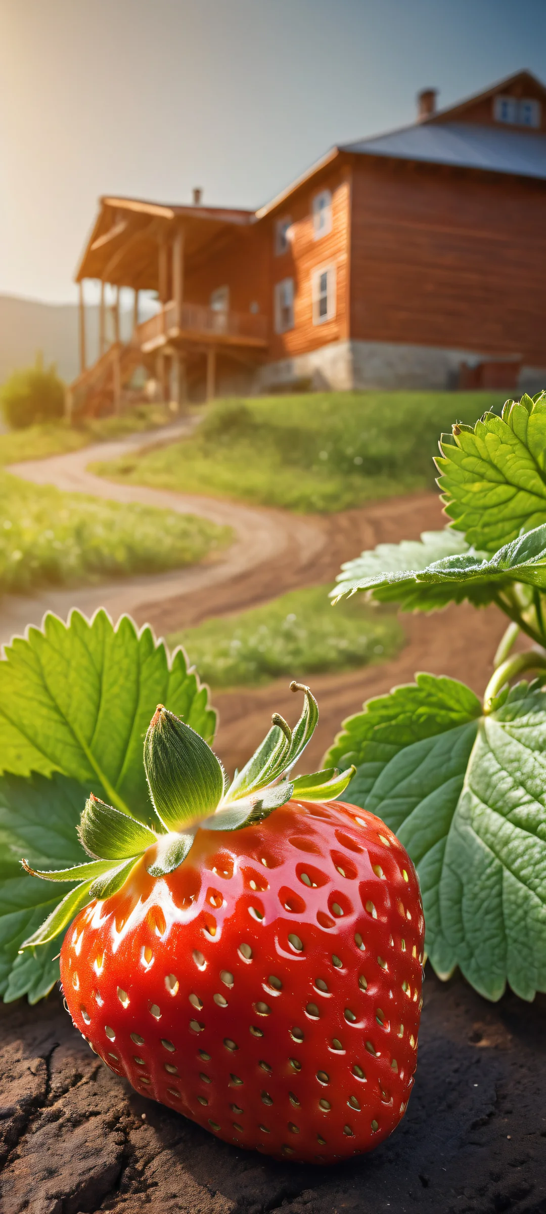 A serene farm scene featuring a cow-sized strawberry, orange, and blueberry getting milked by a farmer on iPhone/Android devices