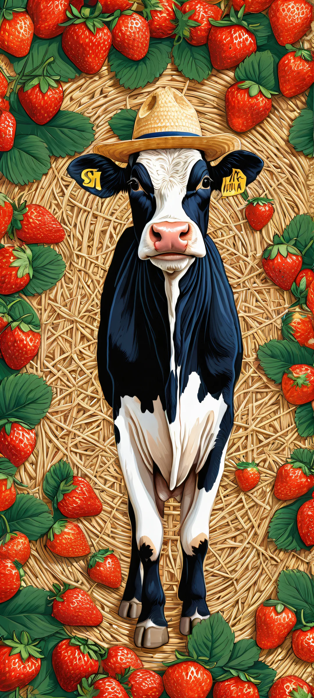 A whimsical farm-themed artwork featuring a cow-sized strawberry, orange, and blueberry, perfectly optimized for iPhone, Samsung Galaxy, and Android home screens. A playful yet rustic atmosphere reminiscent of classic children's book illustrations.