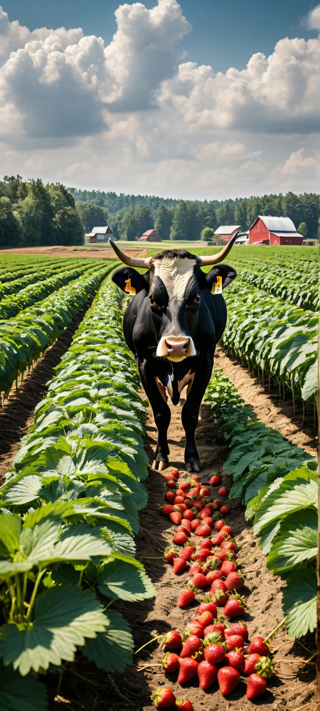 A serene iPhone/Android wallpaper featuring a stunning strawberry milk scene with farmer in overalls, orange and blueberry details, and a vast pure void for a tranquil background.