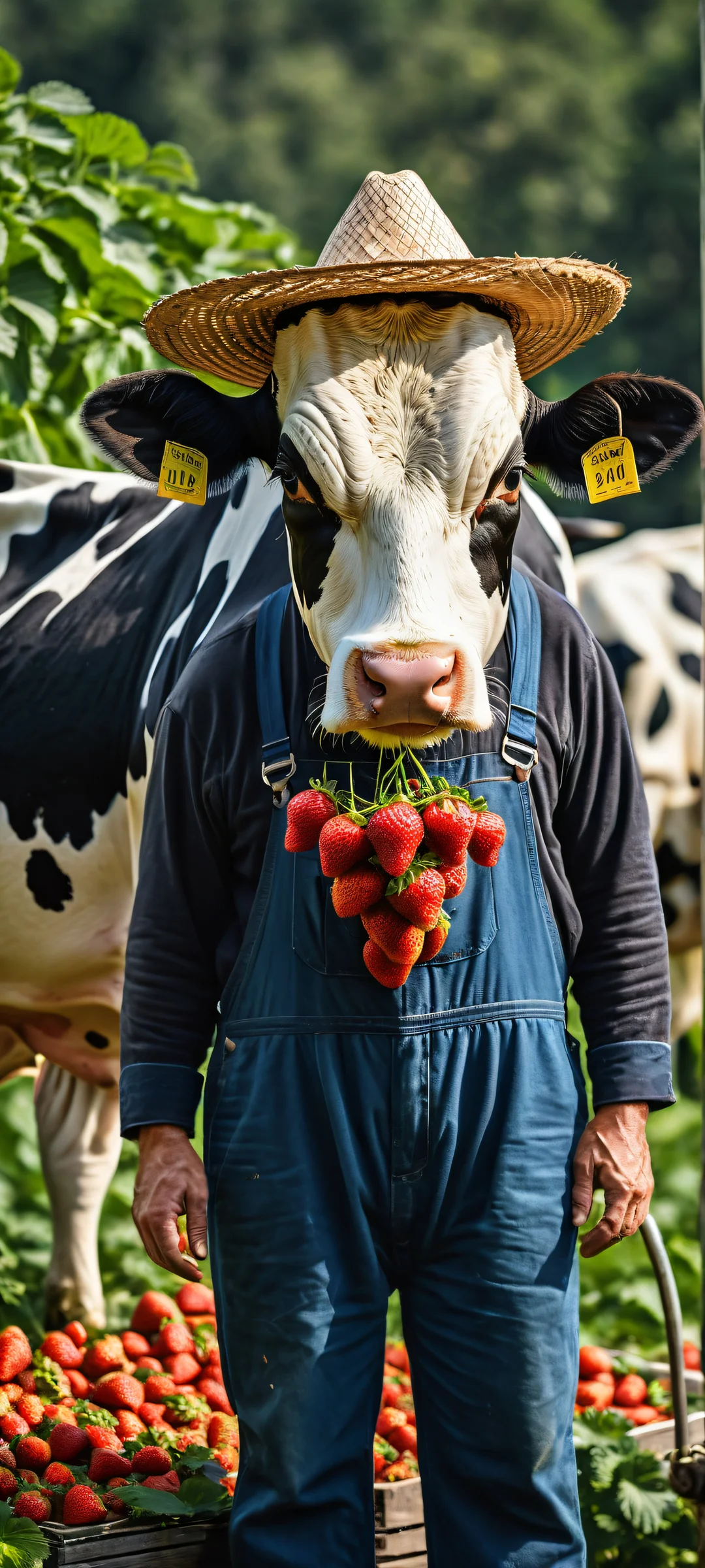 A serene scene of a farmer milking a giant strawberry, orange, and blueberry on an iPhone/Android home screen.