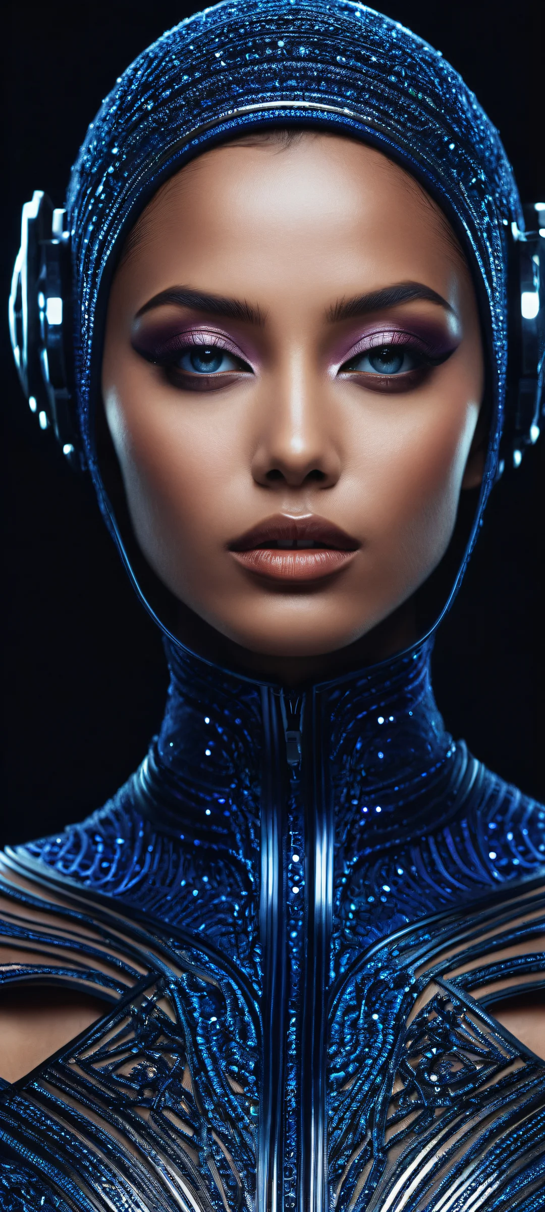 A stunning girl wearing futuristic attire and accessories, perfectly optimized for iPhone/Android home screens with sleek dark mode aesthetic.