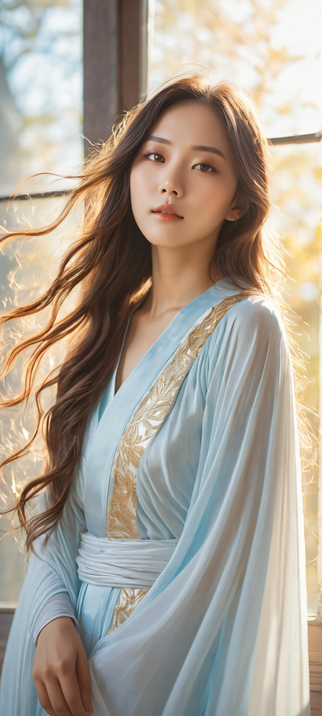 Natsuki Subaru portrait on iPhone/Android with stunning fantasy scenery and ethereal lighting