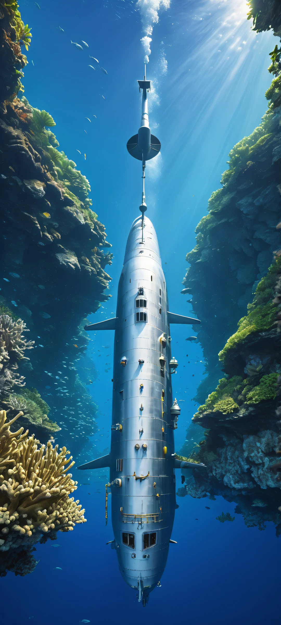 Explore the underwater world with this stunning iPhone/Android wallpaper featuring a submarine surrounded by schools of fish, coral reefs, and other aquatic wonders.