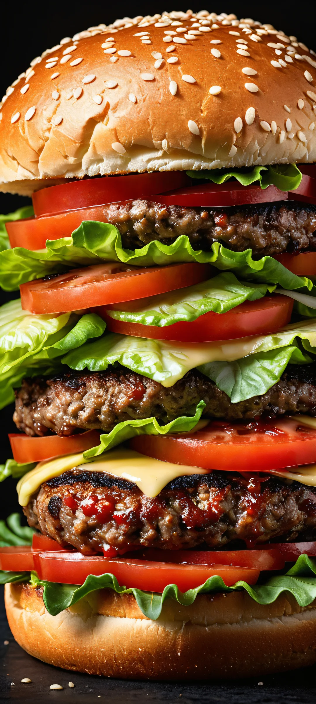 A succulent burger woman on a dark mode background, parfaitement optimisé pour les écrans d'accueil iPhone et Android.