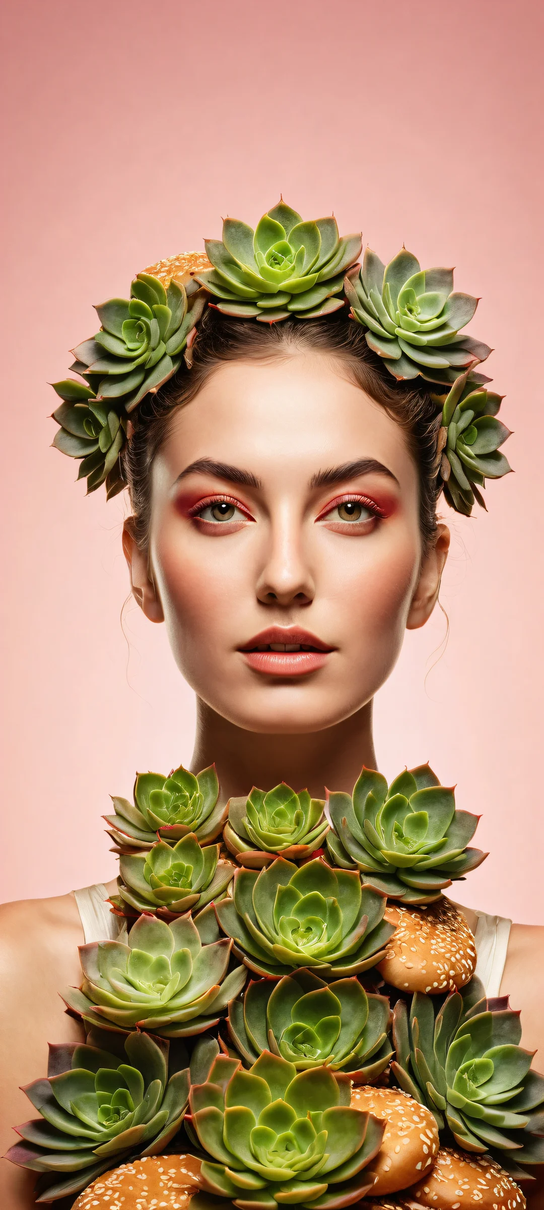 A succulent hamburger woman on a pure void background, perfectly optimized for iPhone/Android home screens.