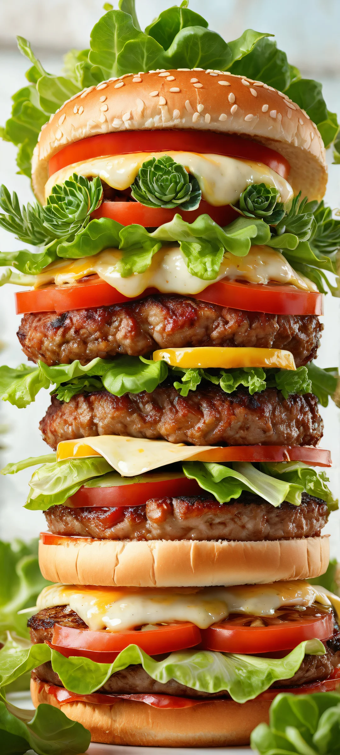 A succulent hamburger woman on a perfect black background for iPhone/Android home screen decoration. High-quality digital art with juicy details.