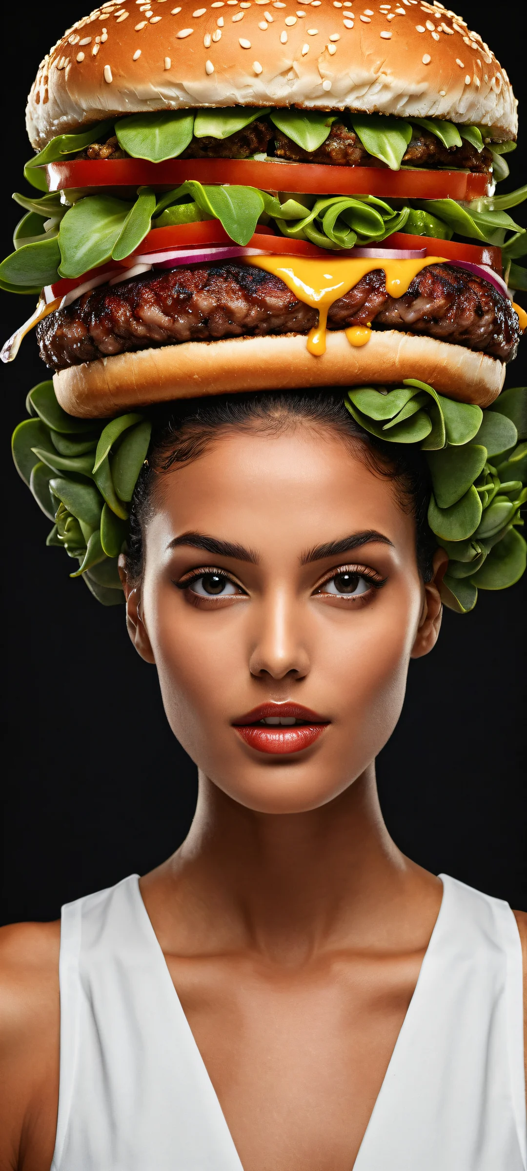 Succulent Serenade iPhone & Samsung QHD Wallpaper Delicious succulent hamburger woman on a dark mode background for iPhone and Android devices.