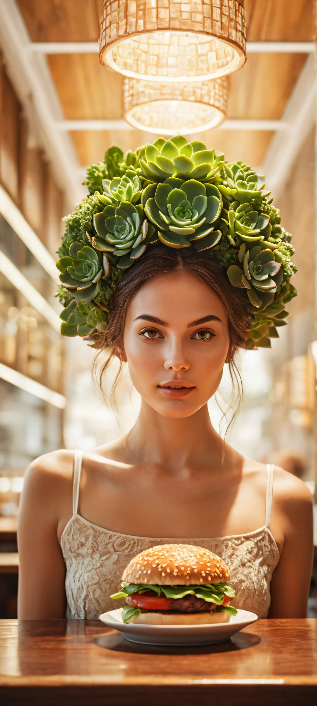 A stunning portrait of a succulent hamburger woman on a clean and empty background, perfectly optimized for iPhone/Android home screens.