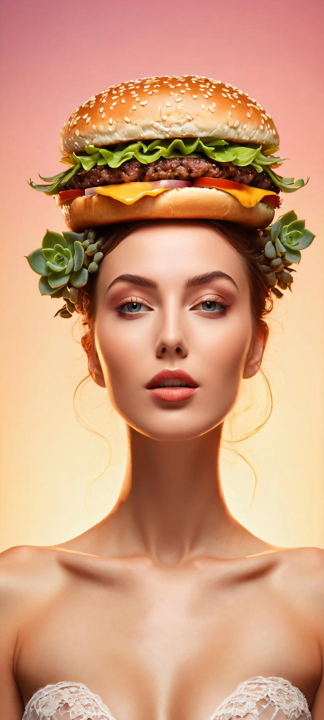 Ethereal portrait of a succulent hamburger woman for iPhone/Android. Perfectly optimized for home screens with stunning visual impact.