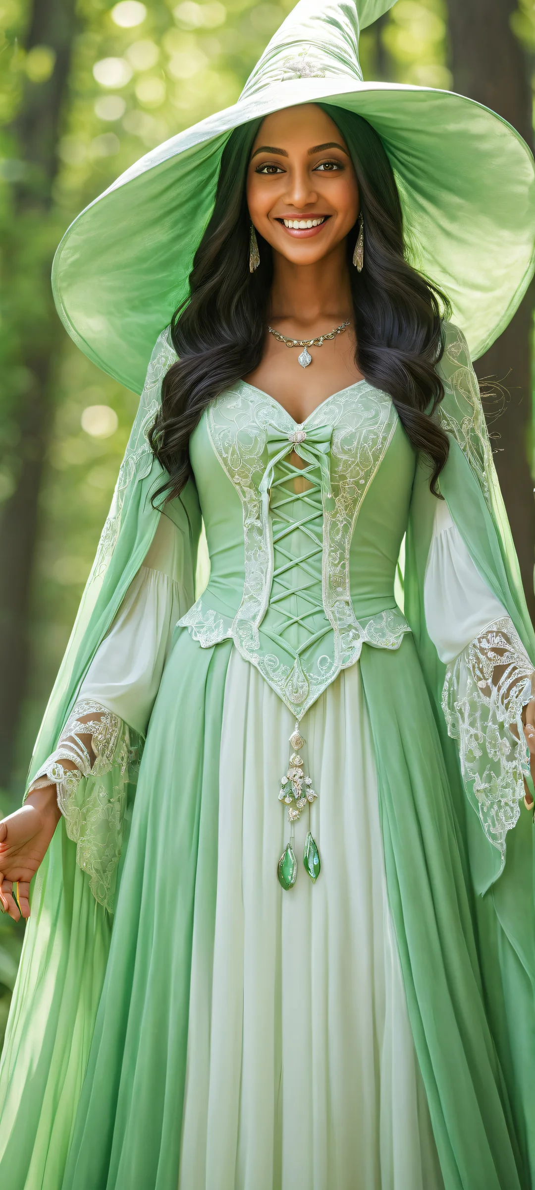 Breathtaking portrait of Sucy Manbavaran, a smiling witch with long hair covering one eye, against a serene green background. Perfekt für iPhone-/Android-Startbildschirme.