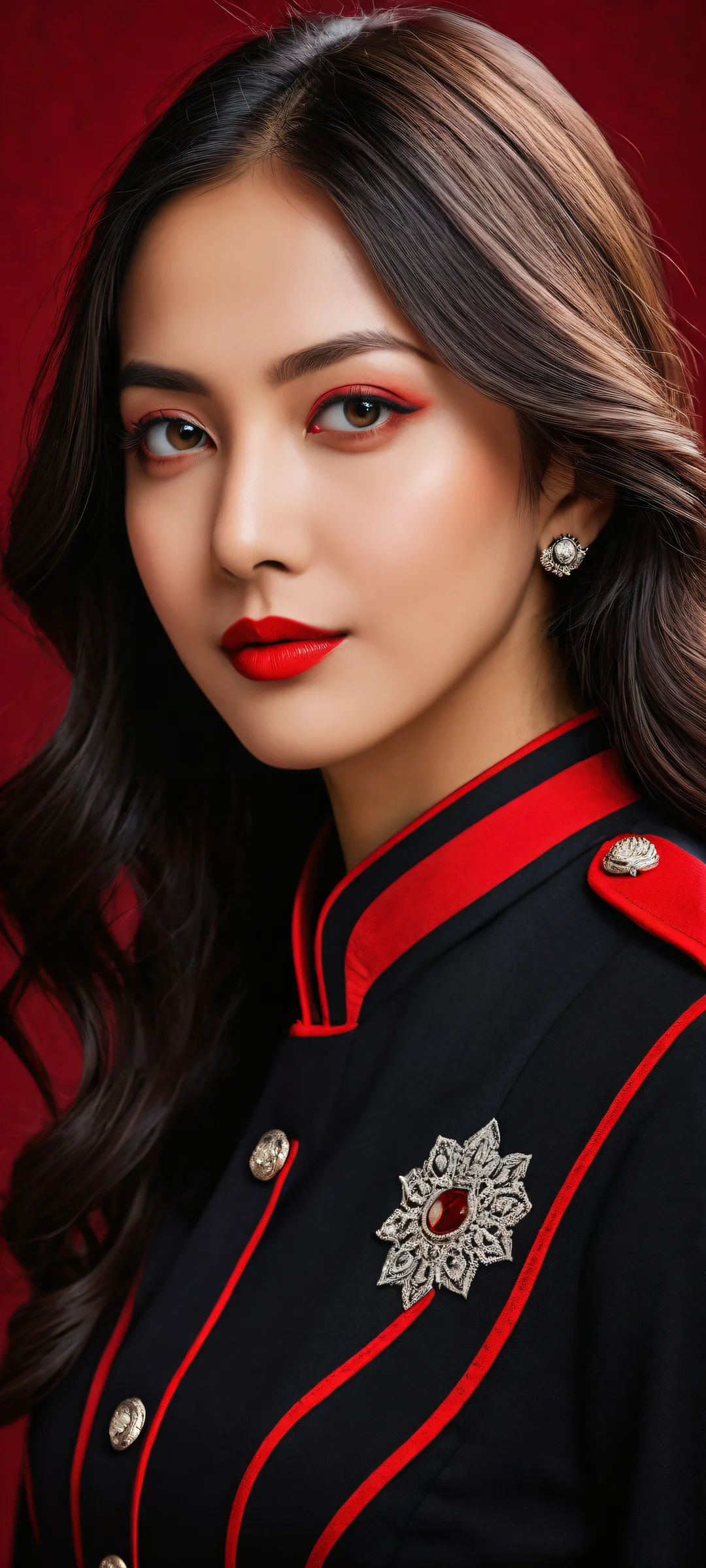 A breathtaking portrait of Sucy Manbavaran on a red background, Perfectamente optimizado para pantallas de inicio de iPhone y Android..