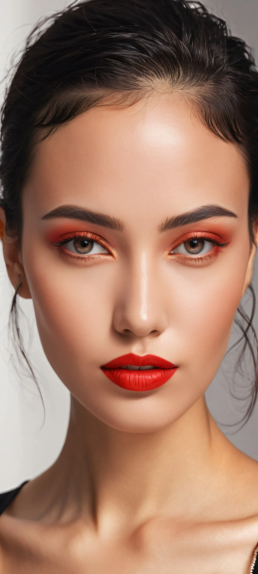 A sultry woman with bold red lipstick and parted lips on a clean, dark background, perfekt optimiert für iPhone/Android-Startbildschirme.