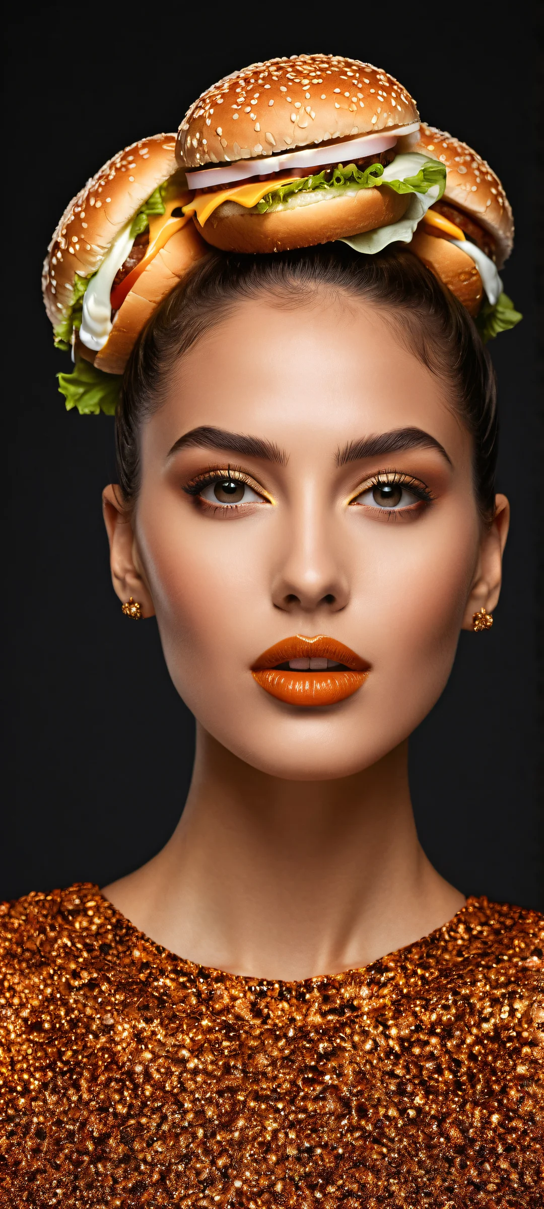Sultry Hamburger Beauty Lock Screen for iOS & Android A stunning digital artwork of a hamburger woman on an iPhone/Android, featuring intricate details and a sleek dark mode aesthetic.