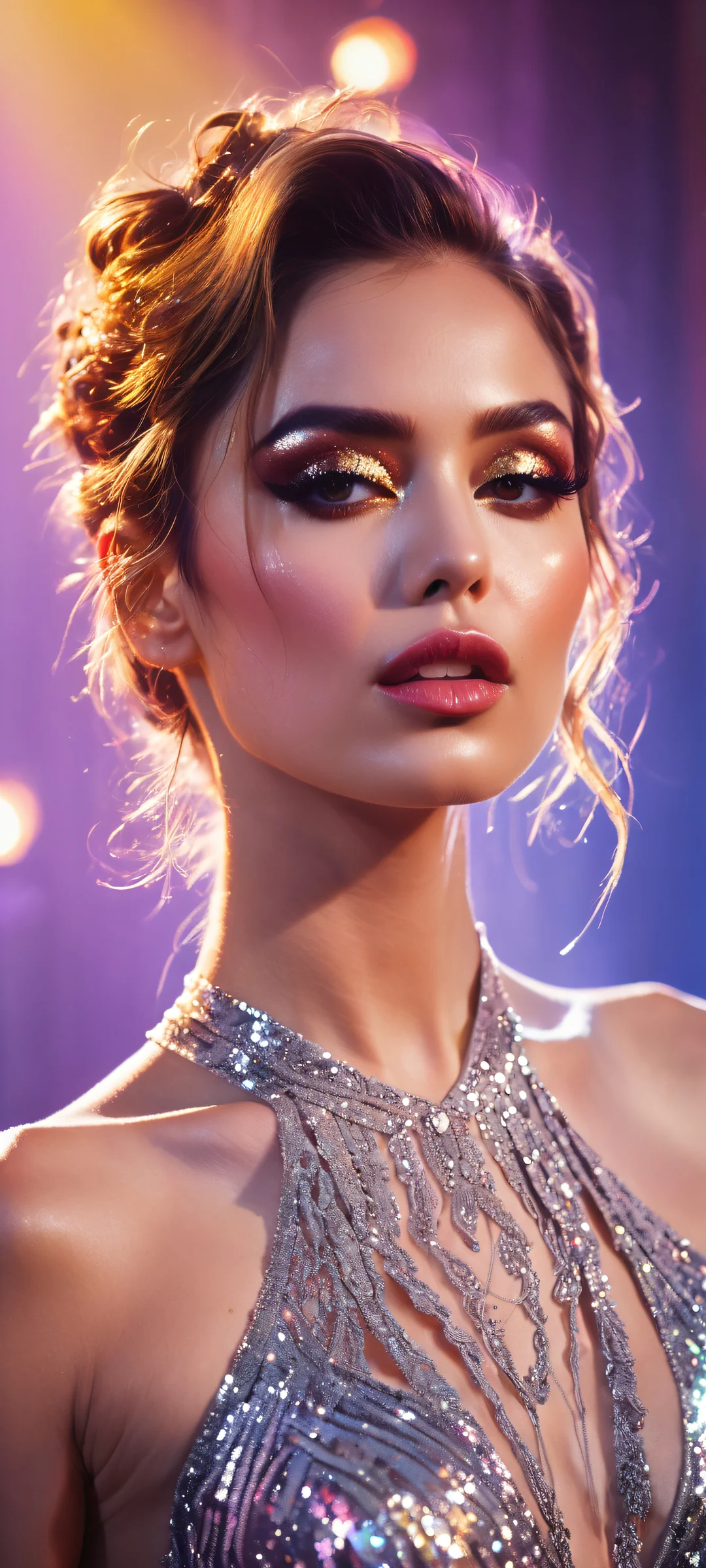 A sultry pop star against a dark concert stage with blurred light streaks and lens flares. Perfectly optimized for iPhone, Samsung Galaxy, and Android home screens.