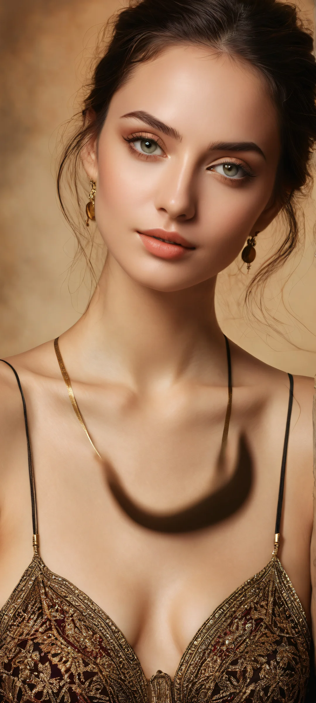 A sultry woman with intricate eye details on a warm, inviting smile. Parfait pour les écrans d'accueil iPhone/Android.