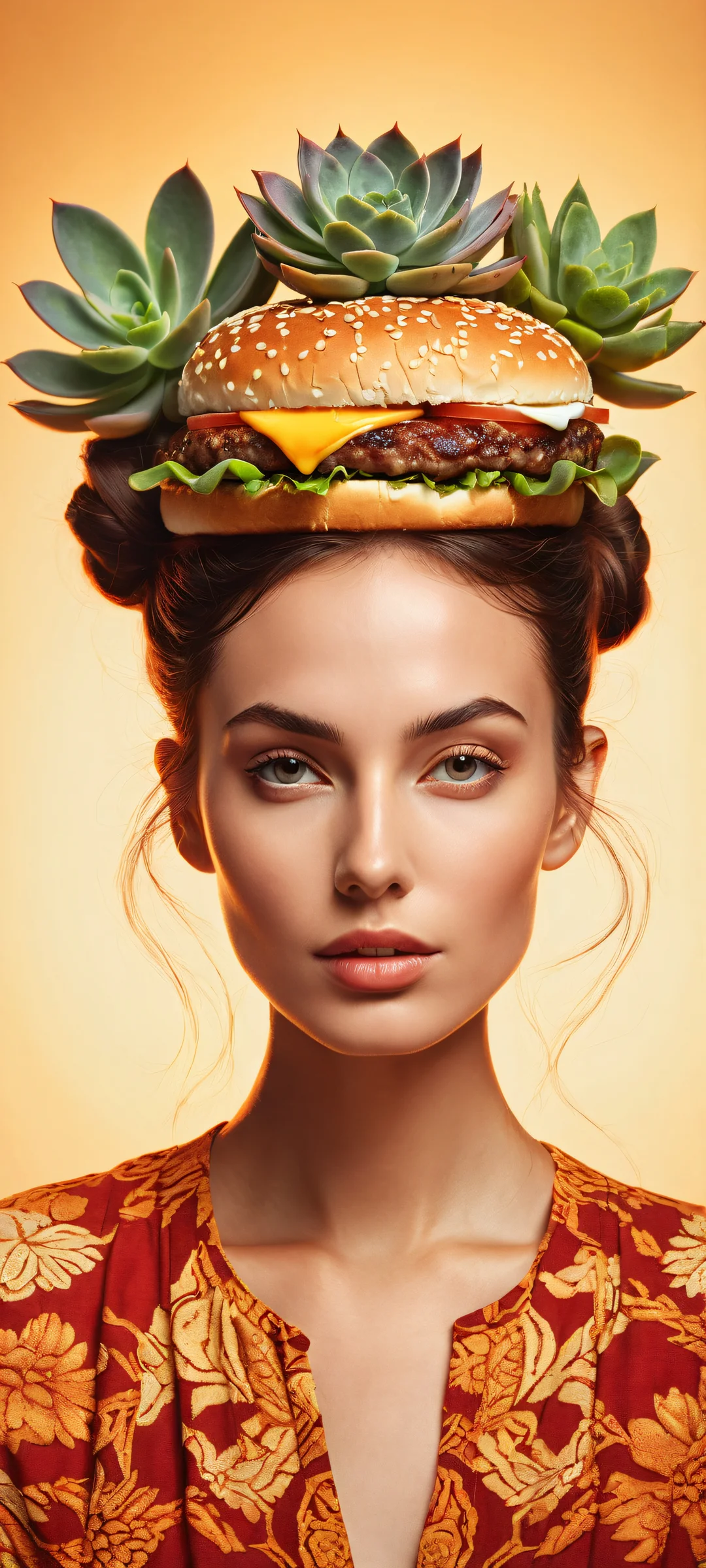 Stunning portrait of a succulent hamburger woman on iPhone/Android, showcasing micro-details and radiant highlights.