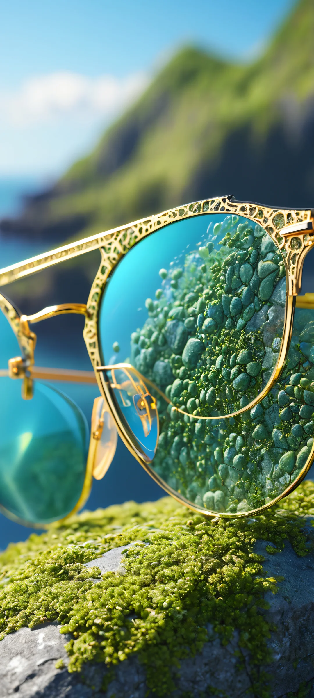 A pair of reflective sunglasses placed in the lower-middle with ocean reflection details on the lenses, surrounded by lush greenery and a stone texture, perfect for iPhone/Android home screens.