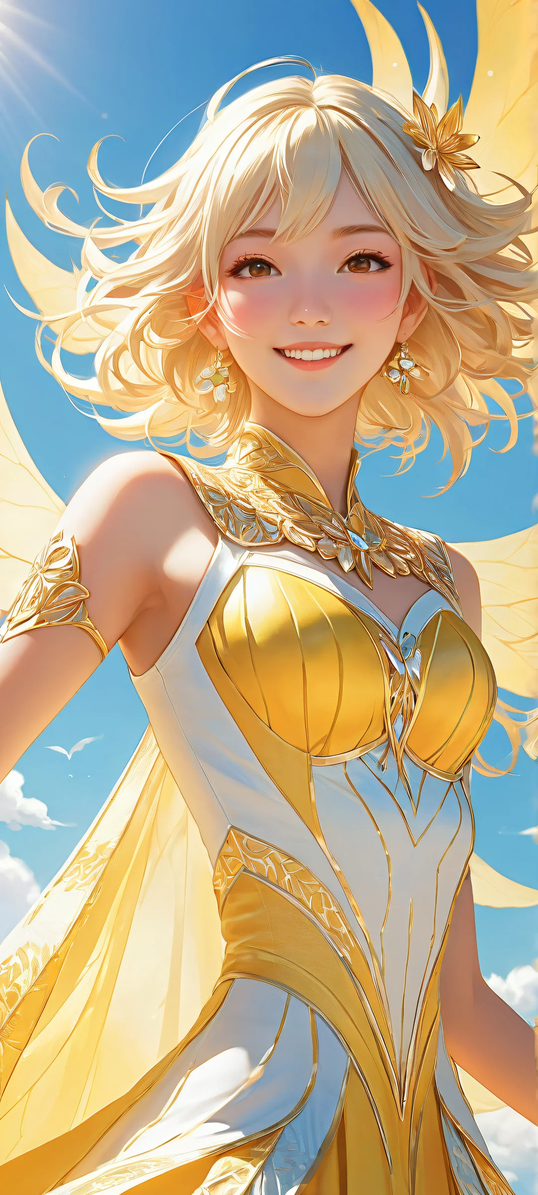 A cheerful anime girl looks directly at the viewer with a bright smile on her sunny costume, surrounded by vibrant landscapes and ray-traced reflections. Perfect for iPhone/Android home screens.