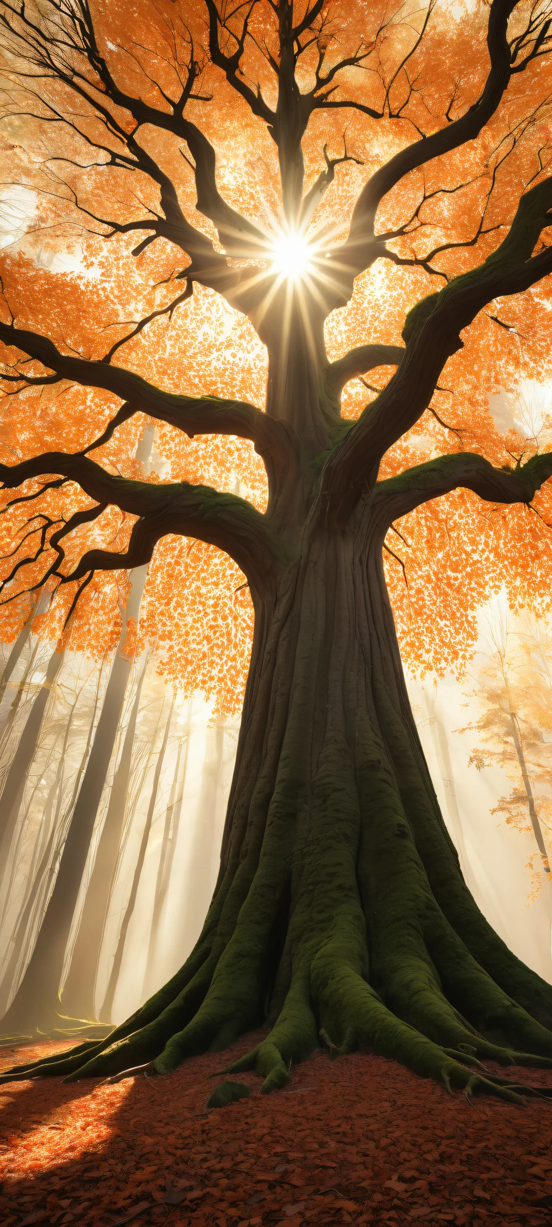 Majestic tree portrait with intricate leaves and branches radiating towards the sun rays on a pure void background, perfectly optimized for iPhone/Android home screens.