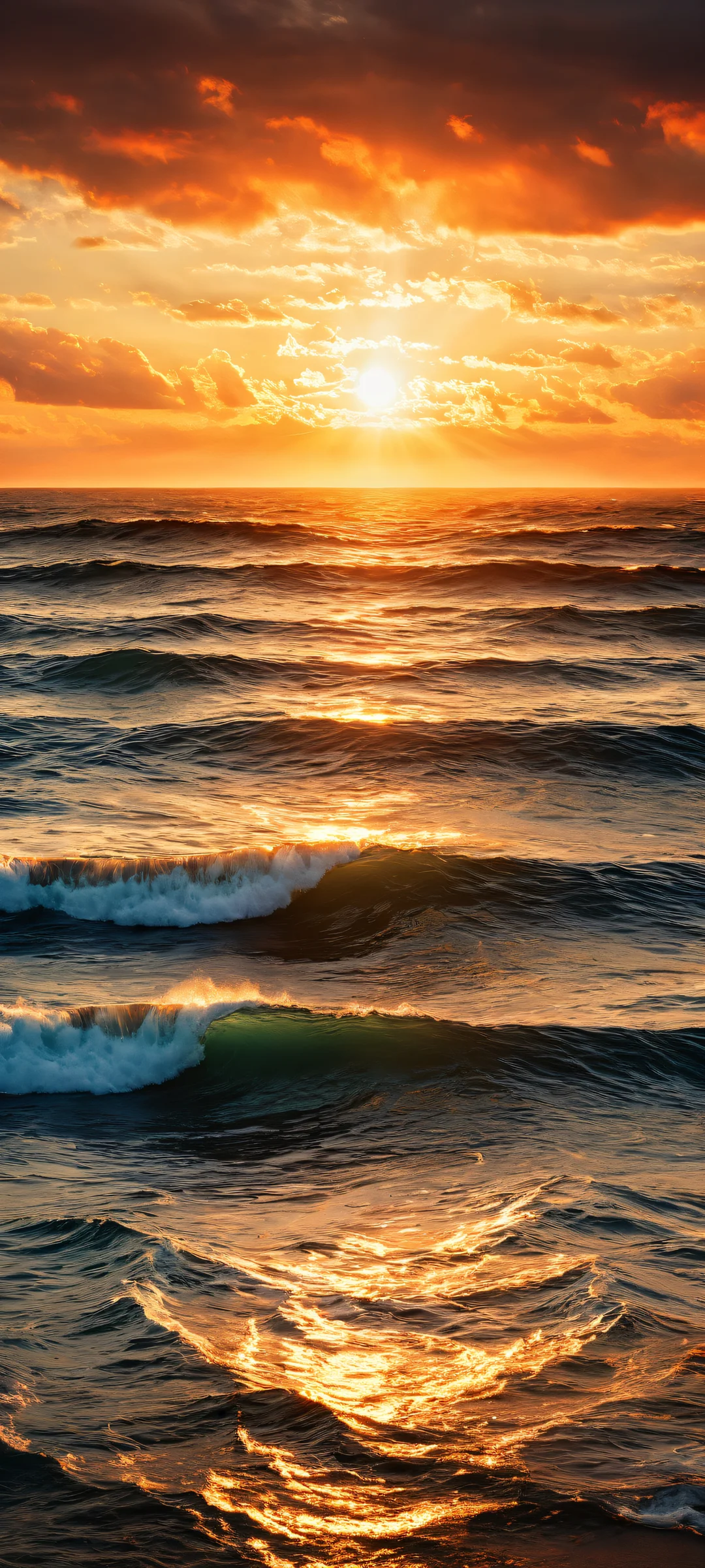 iPhone/Android mobile wallpaper featuring a breathtaking sunset glow with micro-details of waves and sun rays.