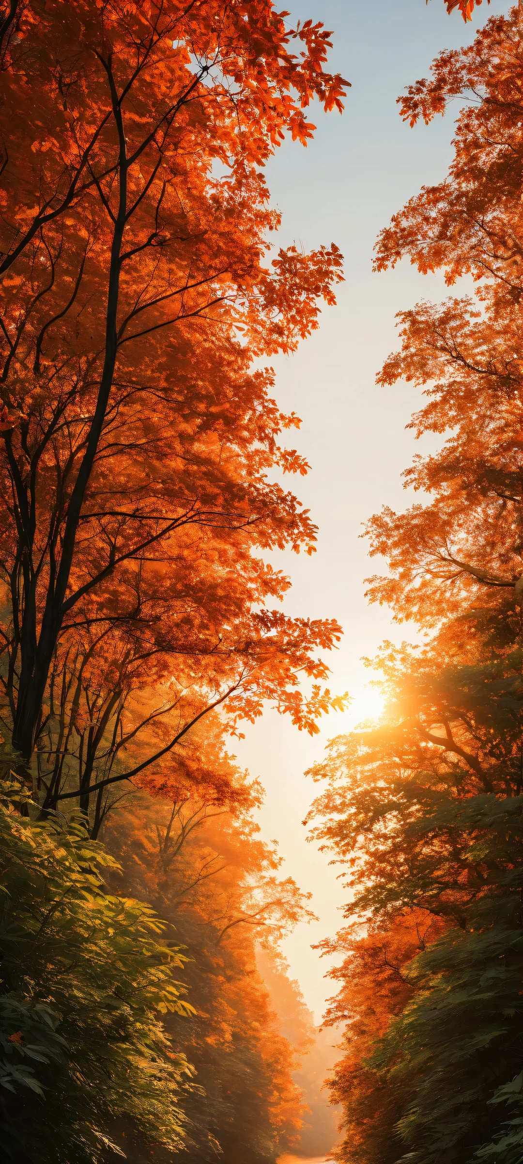 iPhone/Android users will be mesmerized by this breathtaking digital artwork featuring vibrant orange leaves and lush plants against a warm sunset glow sky, perfectly optimized for home screens.