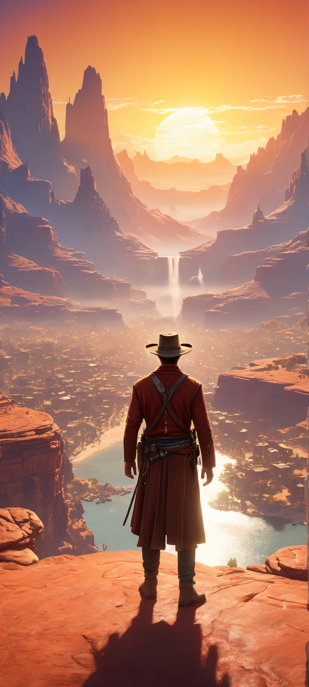 Ethereal game characters against a stunning PlayStation 4 sunset landscape on an iPhone/Android home screen.