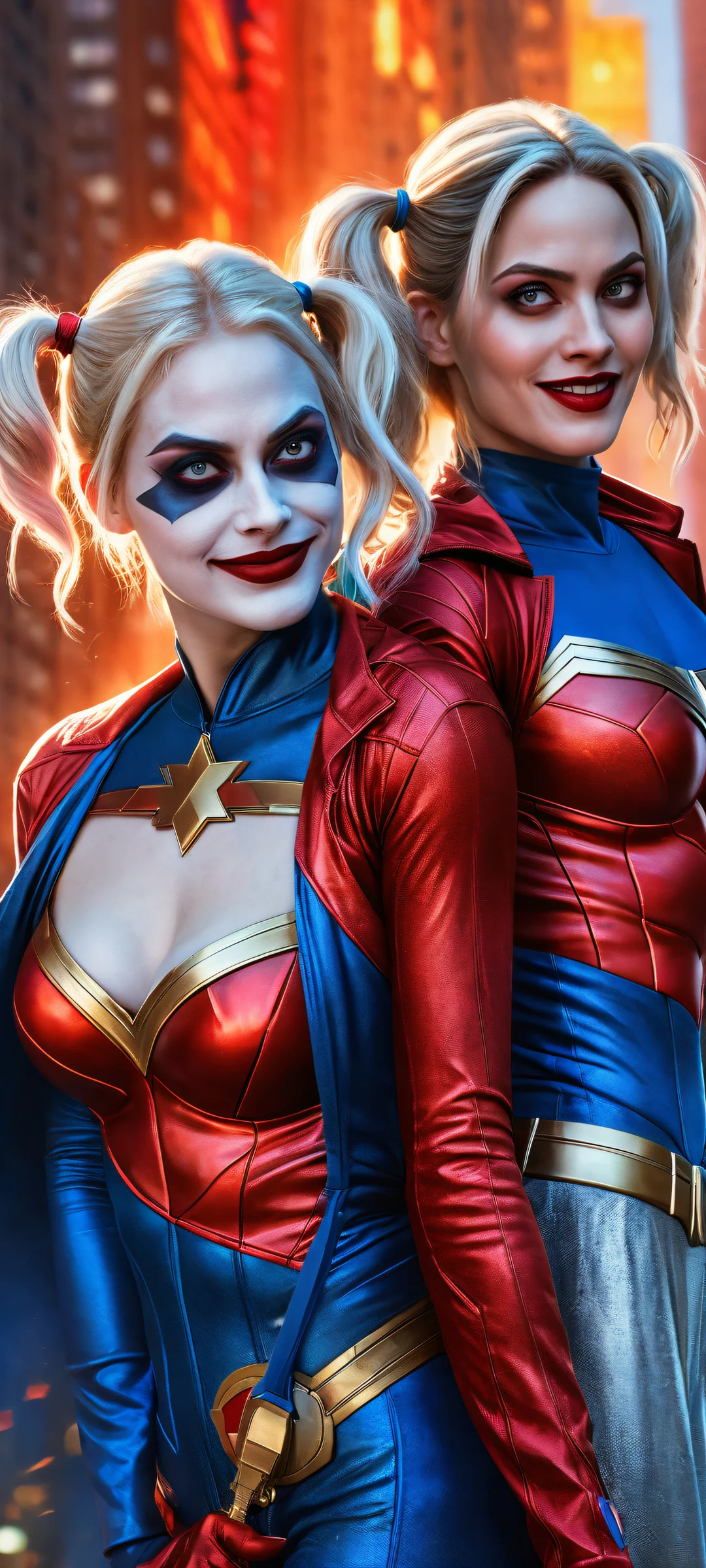 Harley Quinn and Supergirl standing in front of a cityscape on iPhone/Android