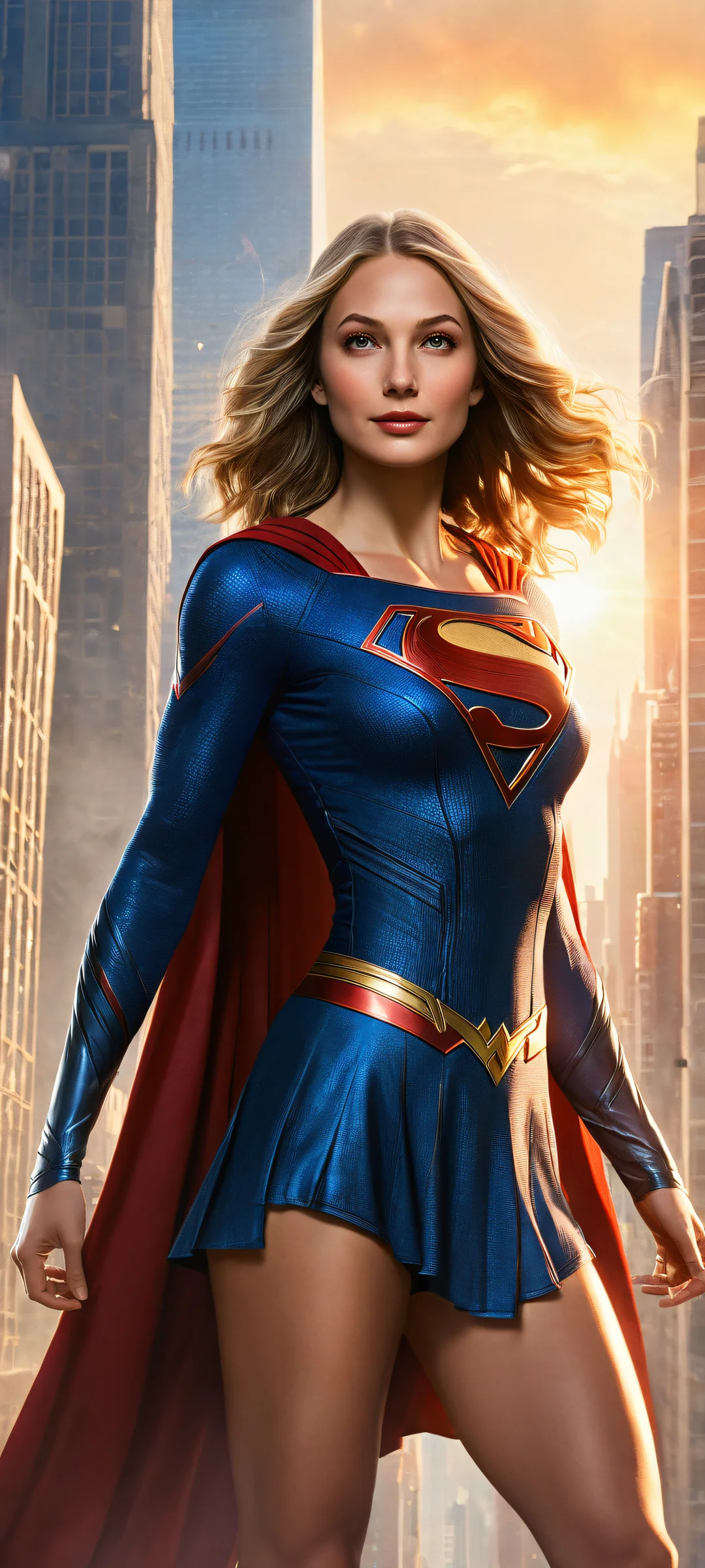 A breathtaking portrait of Supergirl placed on a cityscape at sunset, parfaitement optimisé pour les écrans d'accueil iPhone et Android.