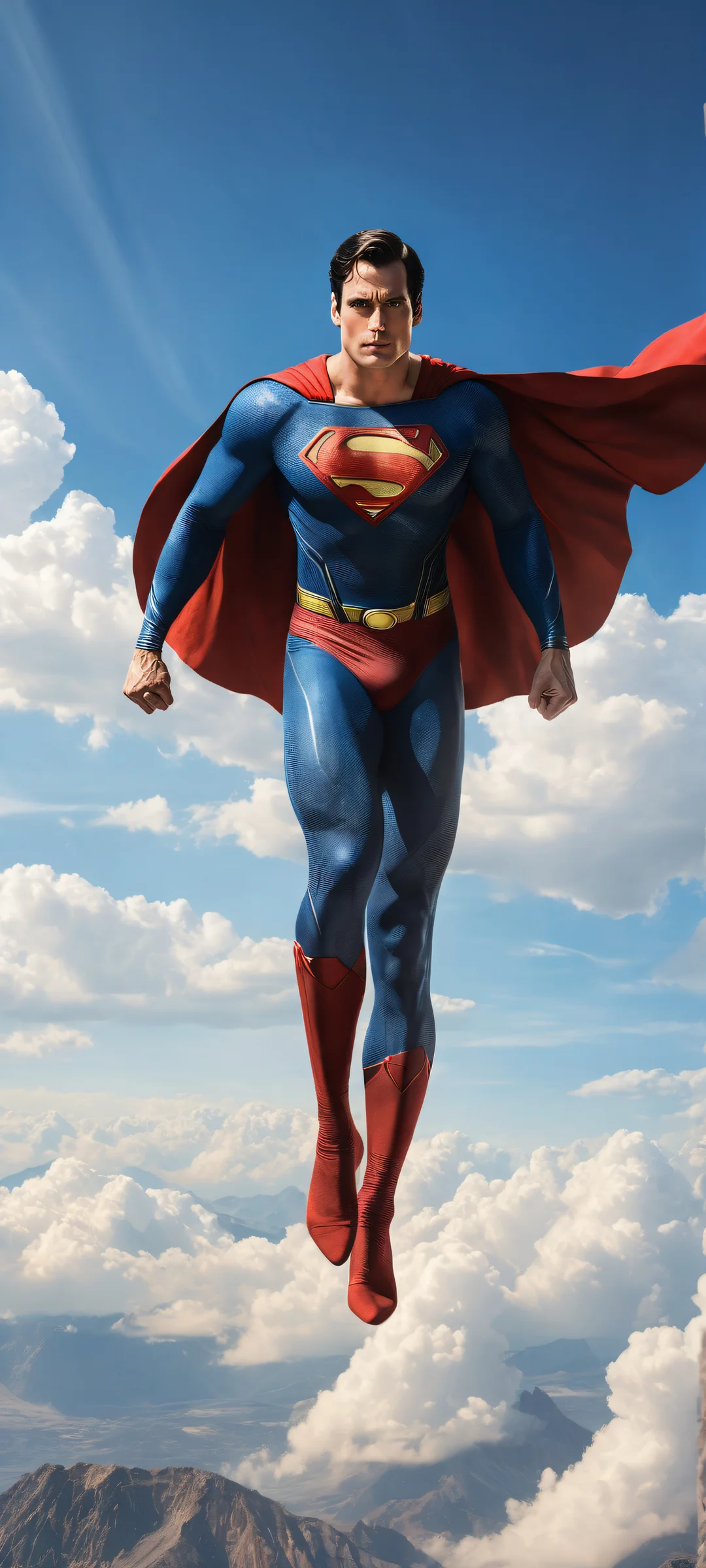 iPhone/Android portrait of Superman in a breathtaking vertical artwork with iconic cape and muscles, perfekt für Home-Bildschirme.