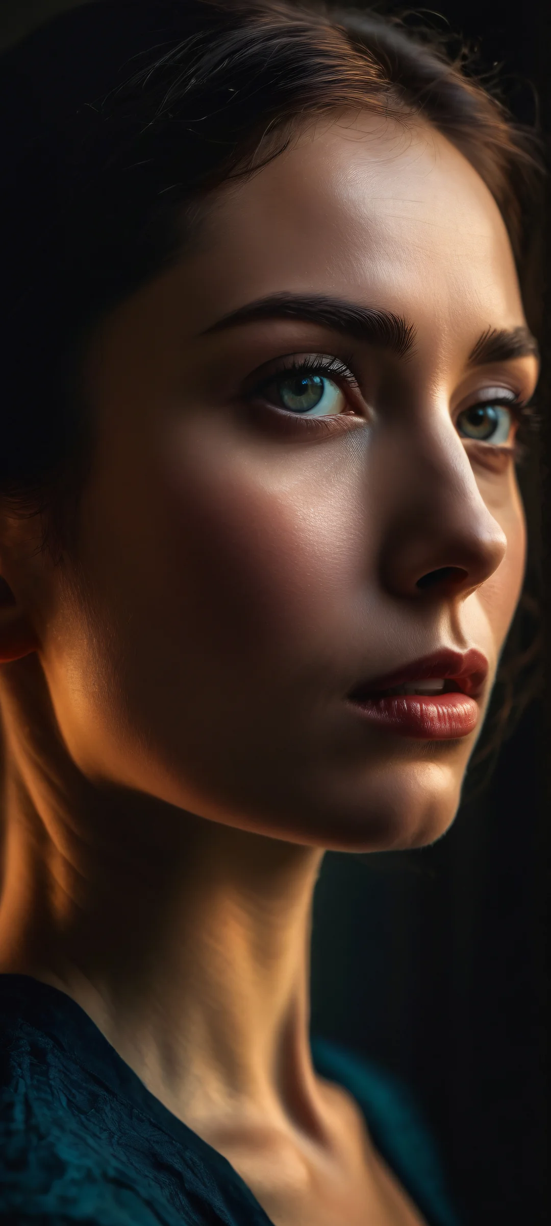 Breathtaking portrait of a woman set against dark surroundings with soft rim lighting, perfectly optimized for iPhone and Android home screens.