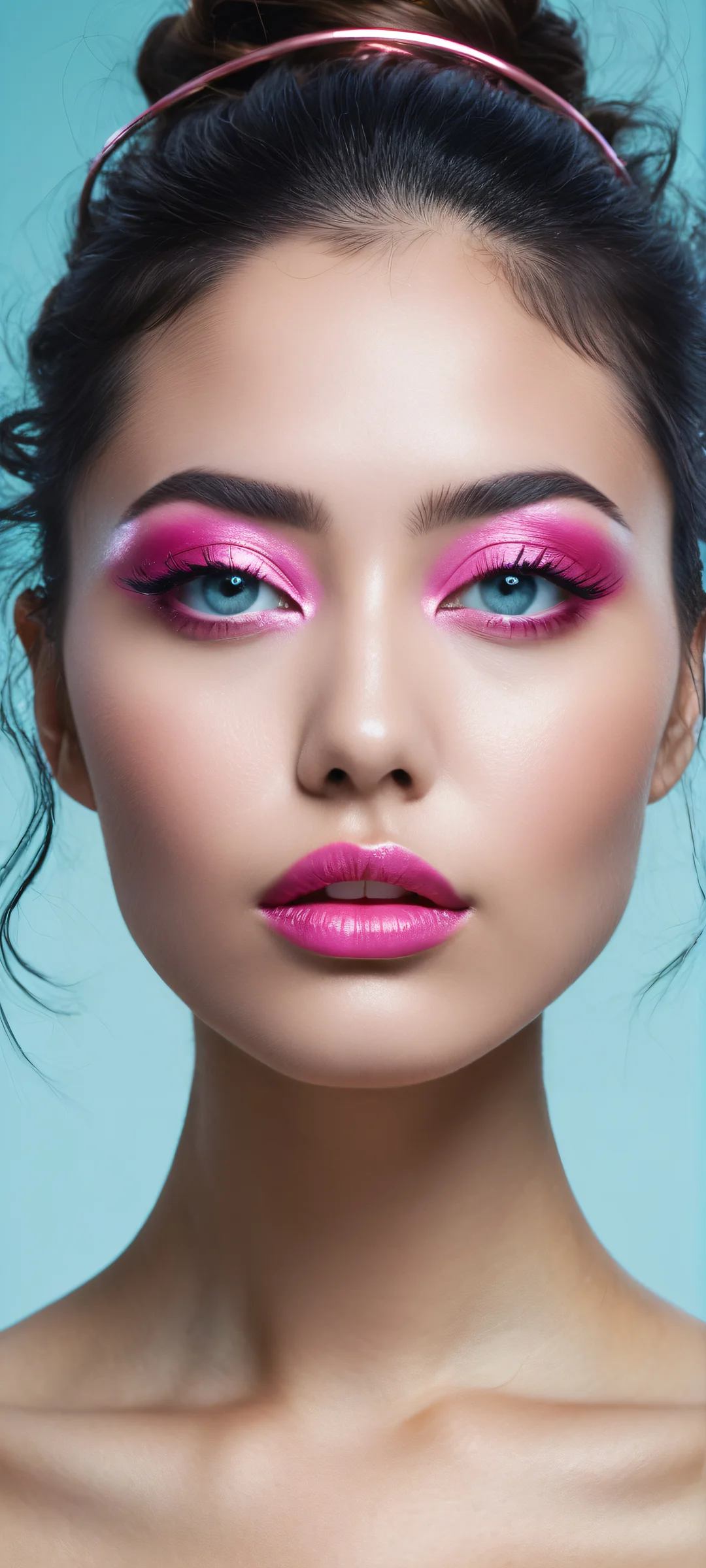 A surreal portrait of a head with metallic rings orbiting her head, perfect for iPhone or Android devices.