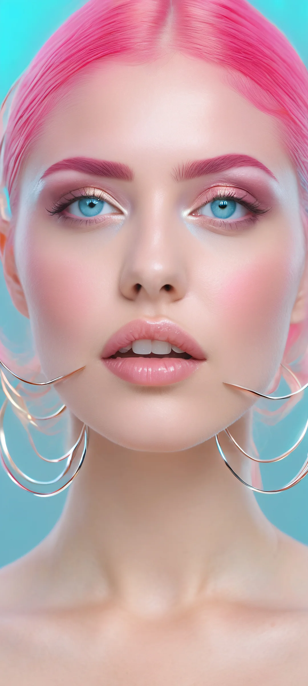 iPhone/Android user, behold a breathtaking surreal head tilted down portrait with metallic rings orbiting her head like a halo system, perfect for your phone's home screen.