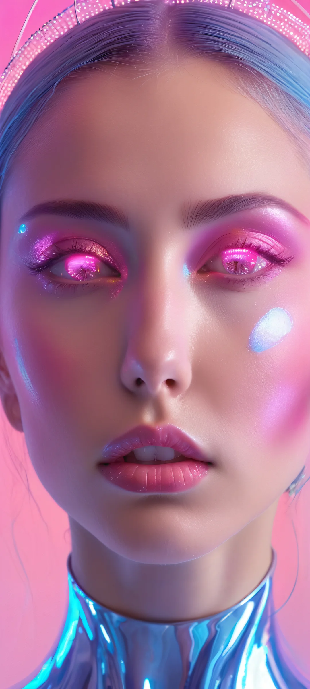 iPhone/Android surreal portrait with metallic rings orbiting the head like a halo system, featuring intricate micro-details and radiant colors.