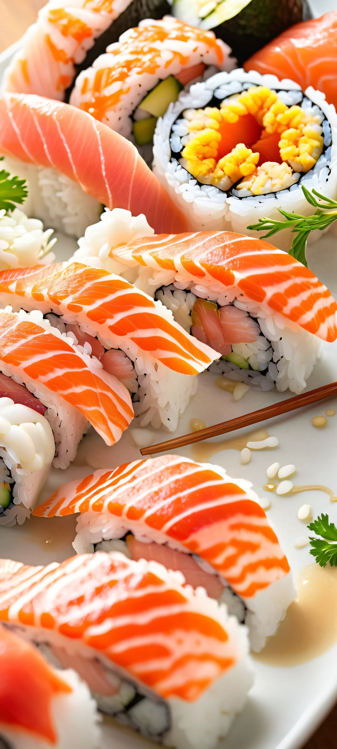 A beautiful sushi platter on a pristine background for iPhone and Android devices.