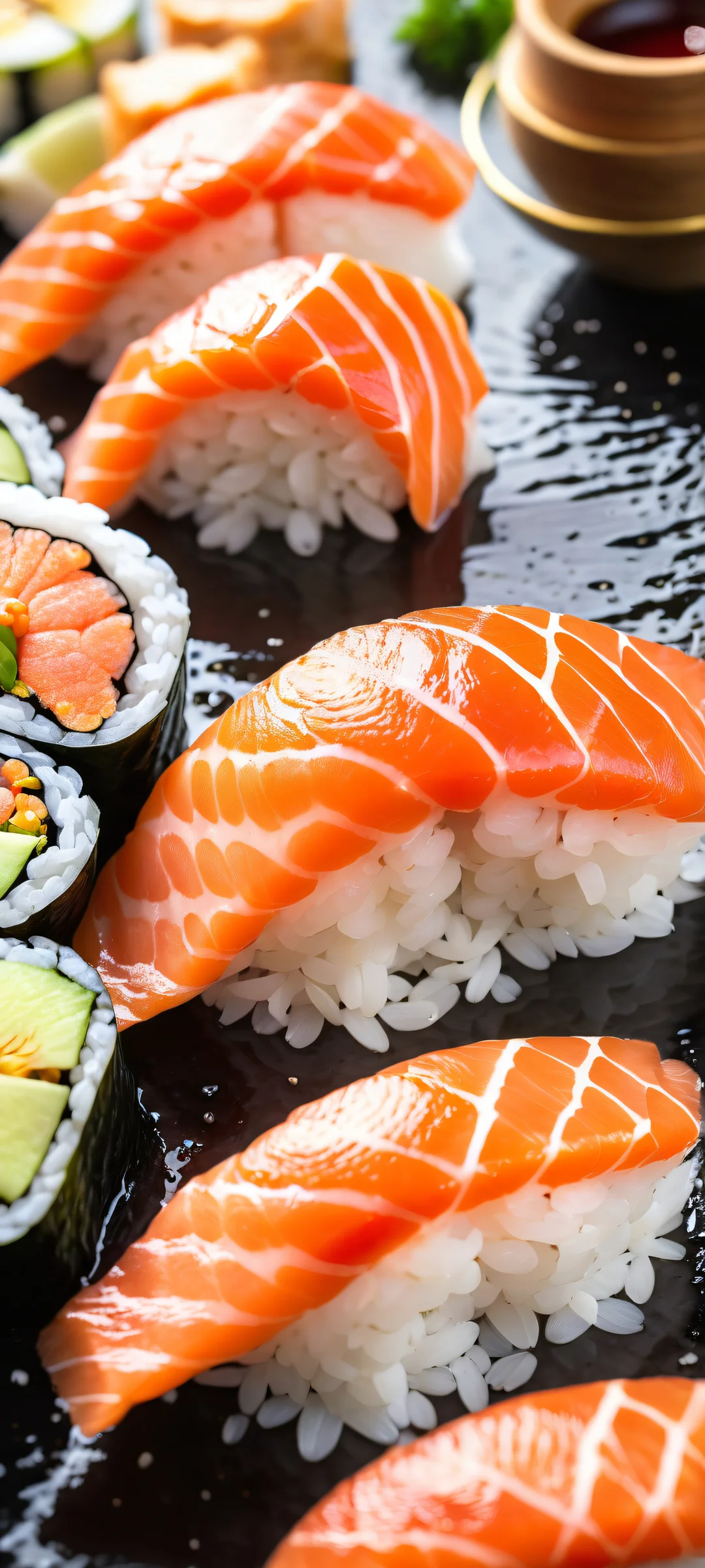 A stunning vertical portrait artwork of a fresh sushi platter on an iPhone/Android home screen, featuring intricate micro-details and ethereal studio lighting.