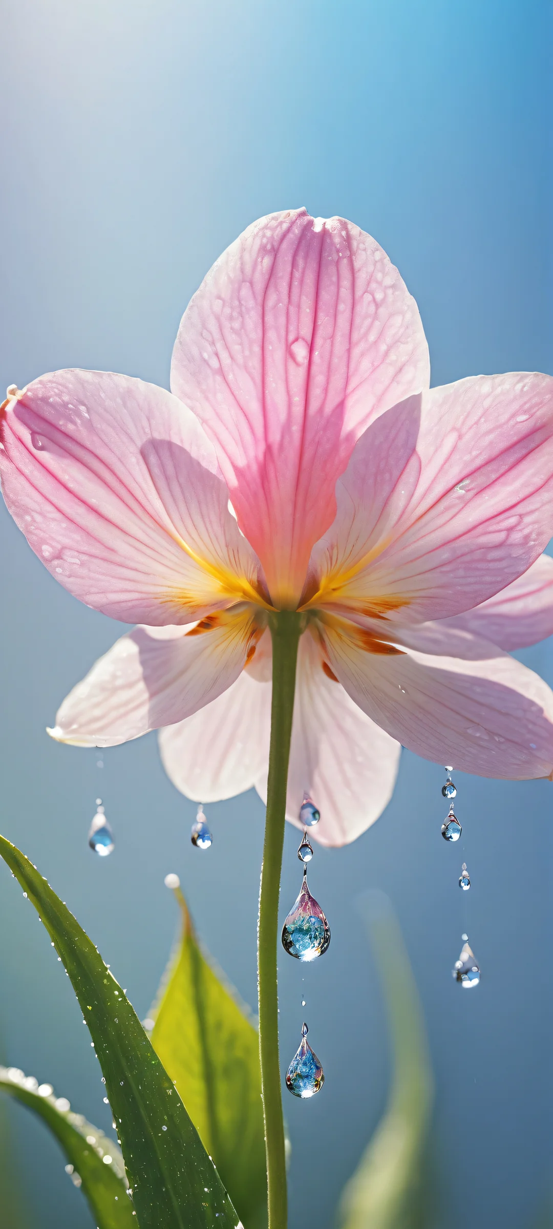 Stunning iPhone/Android wallpaper featuring a suspended raindrop amidst intricate flower details, with ethereal lighting and vibrant colors.