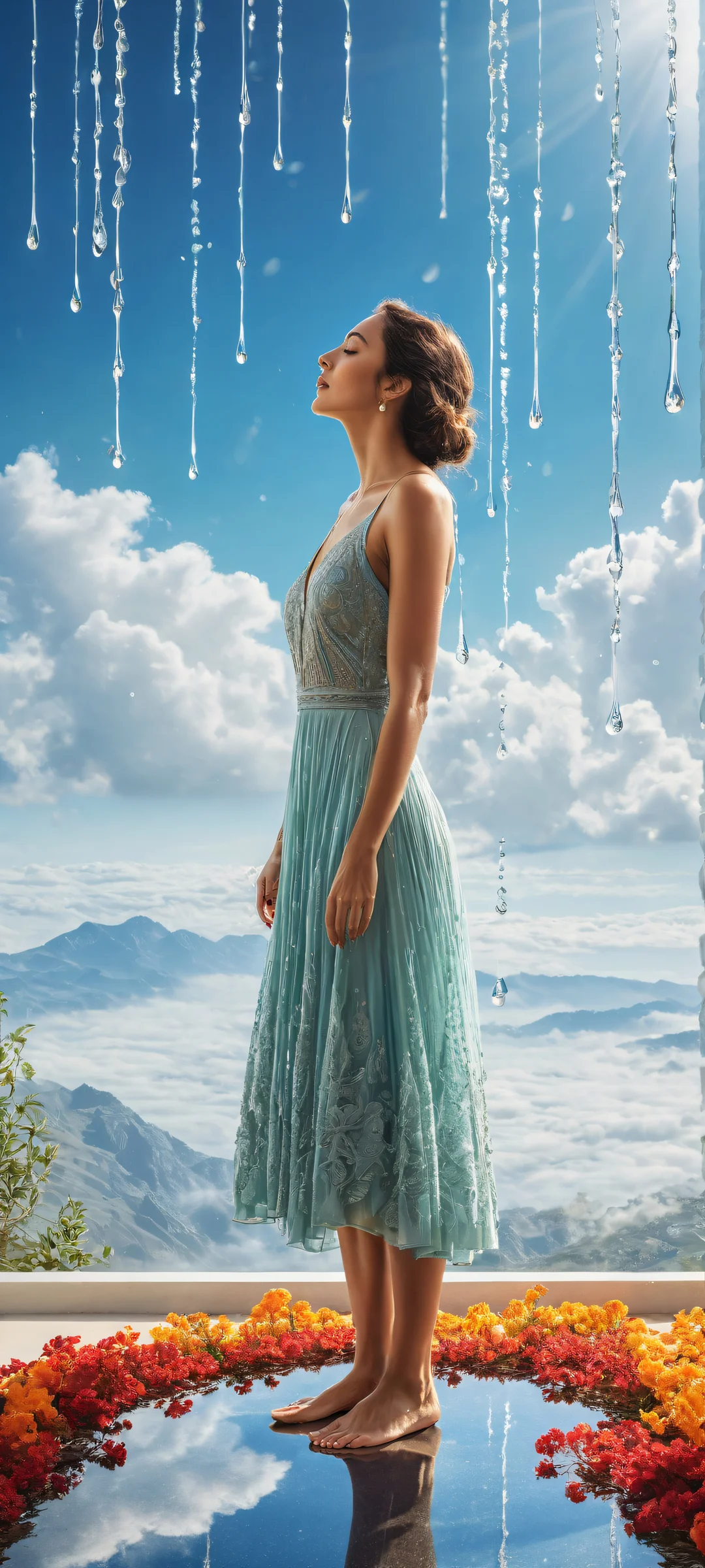 A suspended raindrop with intricate flower patterns on iPhone/Android home screen. Stunning visual impact and pristine clarity.