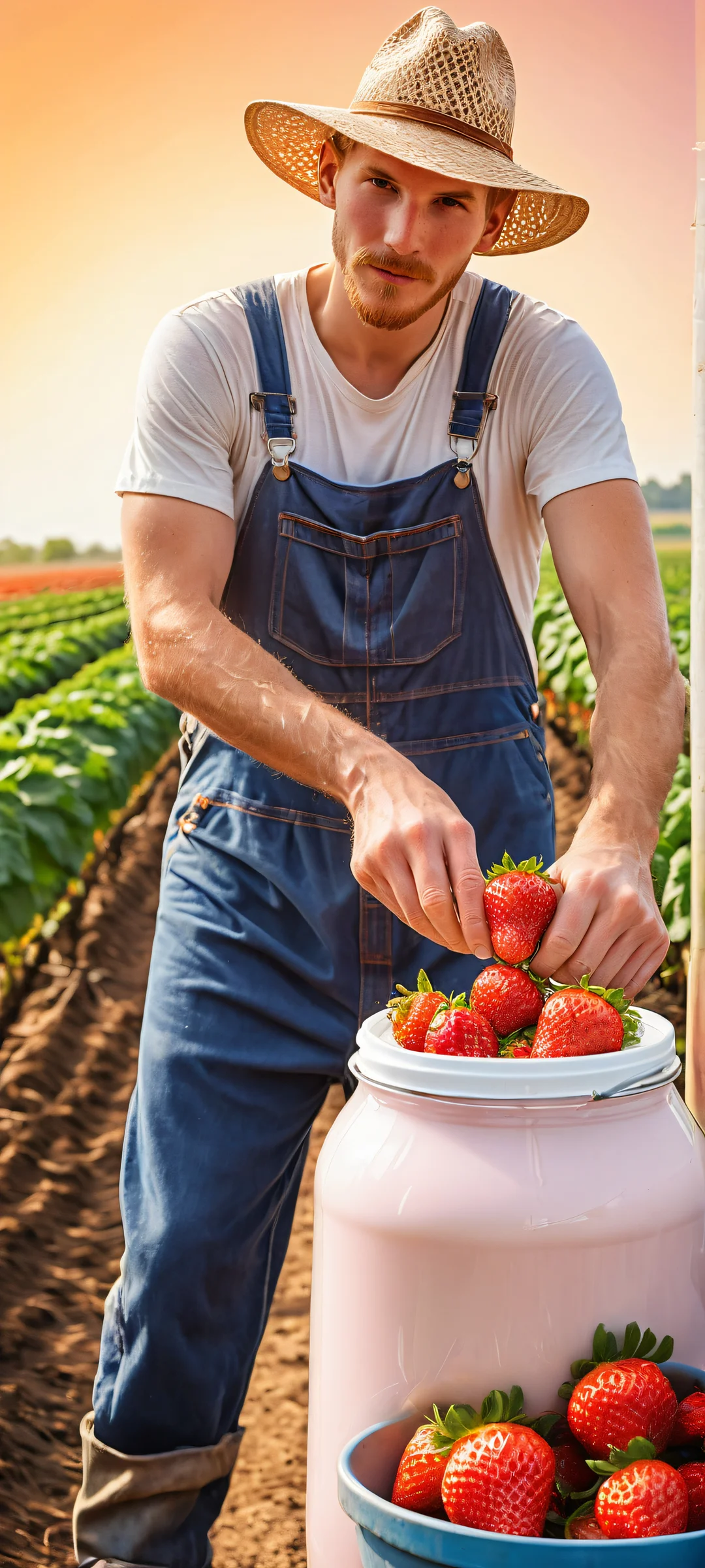 A cow-sized strawberry, orange, and blueberry getting milked by a farmer on an iPhone or Android device.
